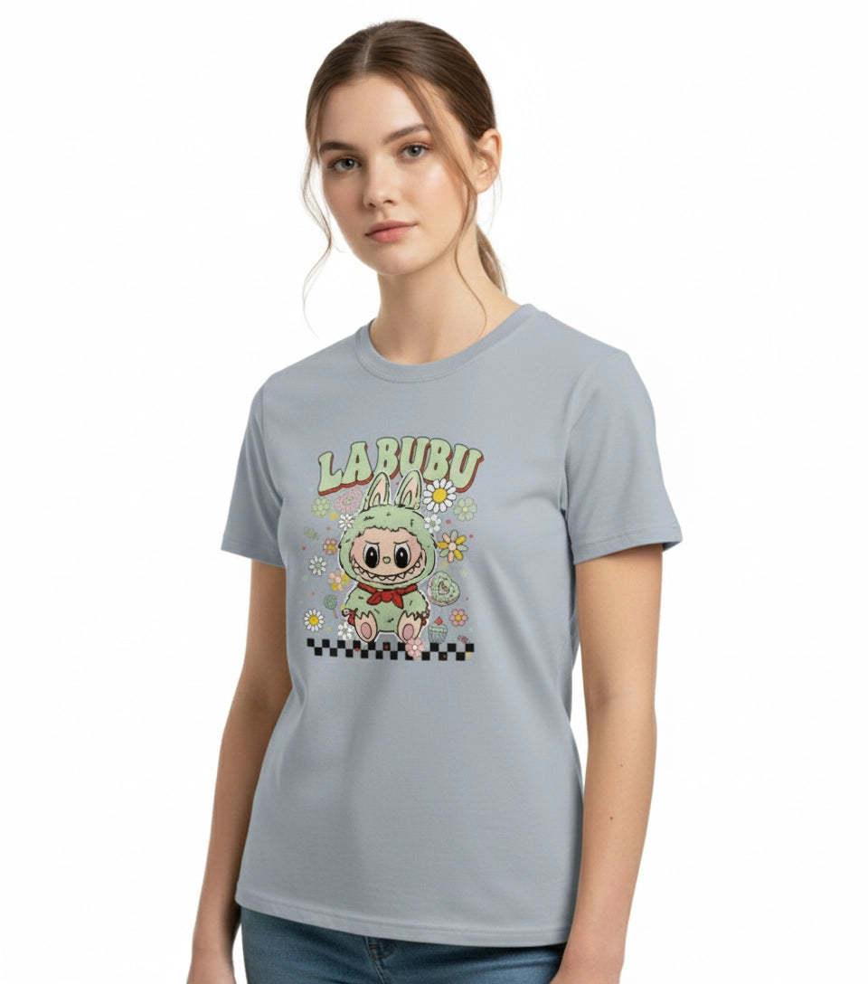 Woman wearing a gray t-shirt with a cartoon character and 'LABUBU' text on a white background