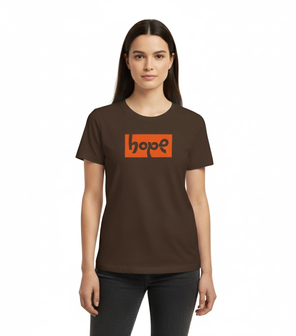 Woman wearing a brown t-shirt with an orange 'hope' logo on a white background