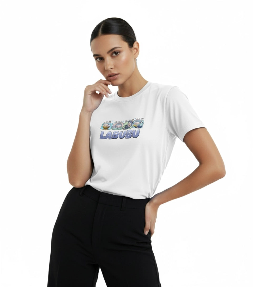 Woman wearing a white t-shirt with colorful text on a white background