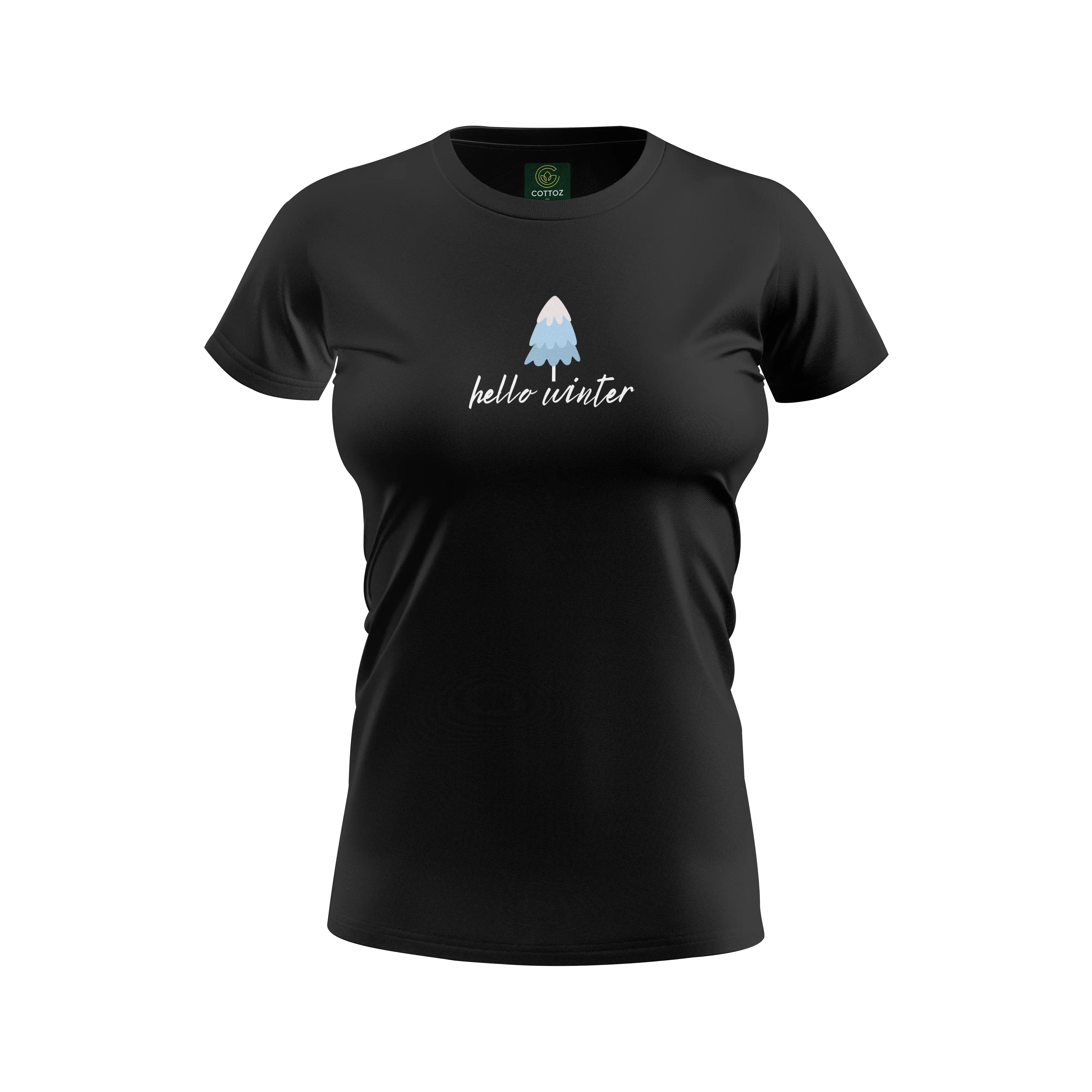 Black t-shirt with 'hello winter' and a snowflake design on a white background