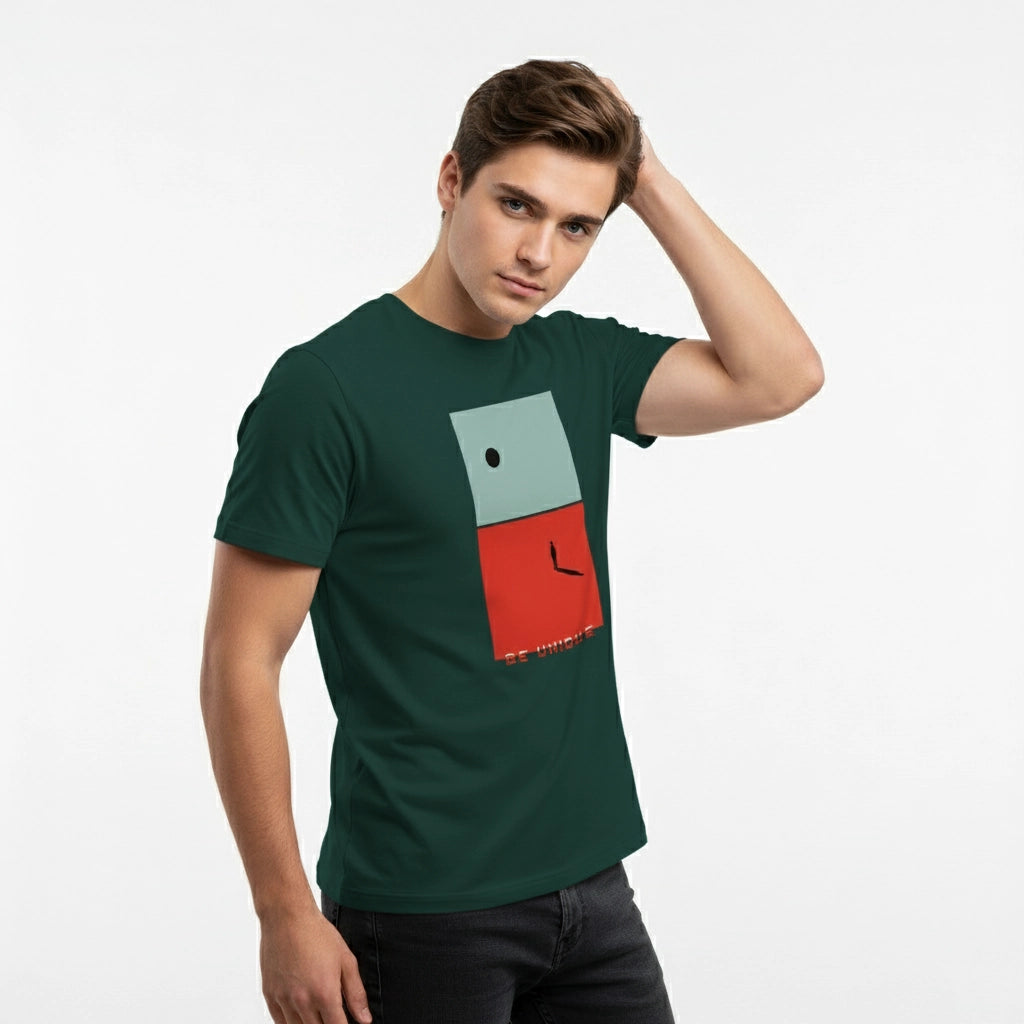 Man wearing a green t-shirt with a colorful pocket design on a white background