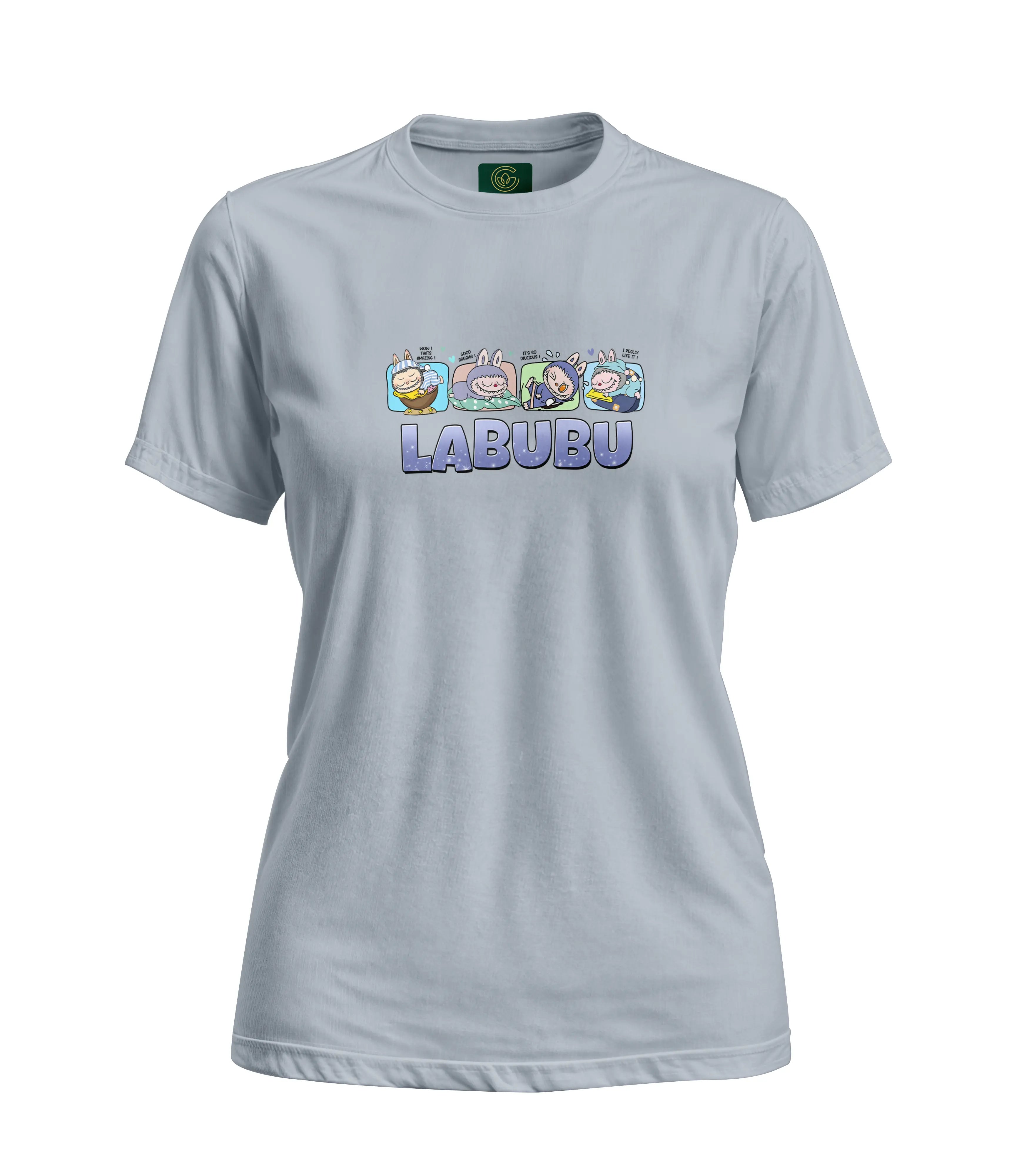 Light gray t-shirt with colorful 'LABUBU' logo on a white background