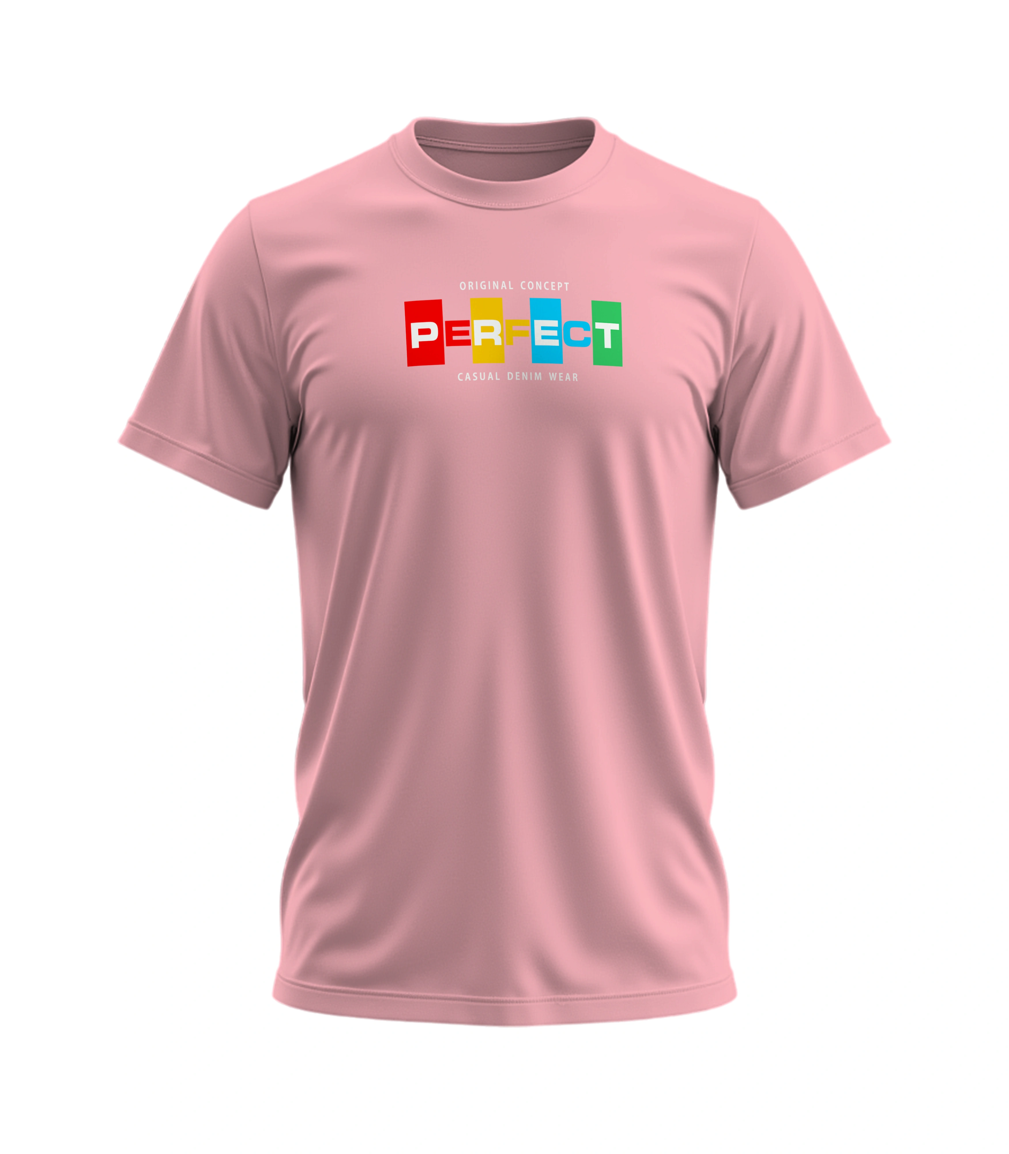 Pink t-shirt with colorful 'PERFECT' design on a white background