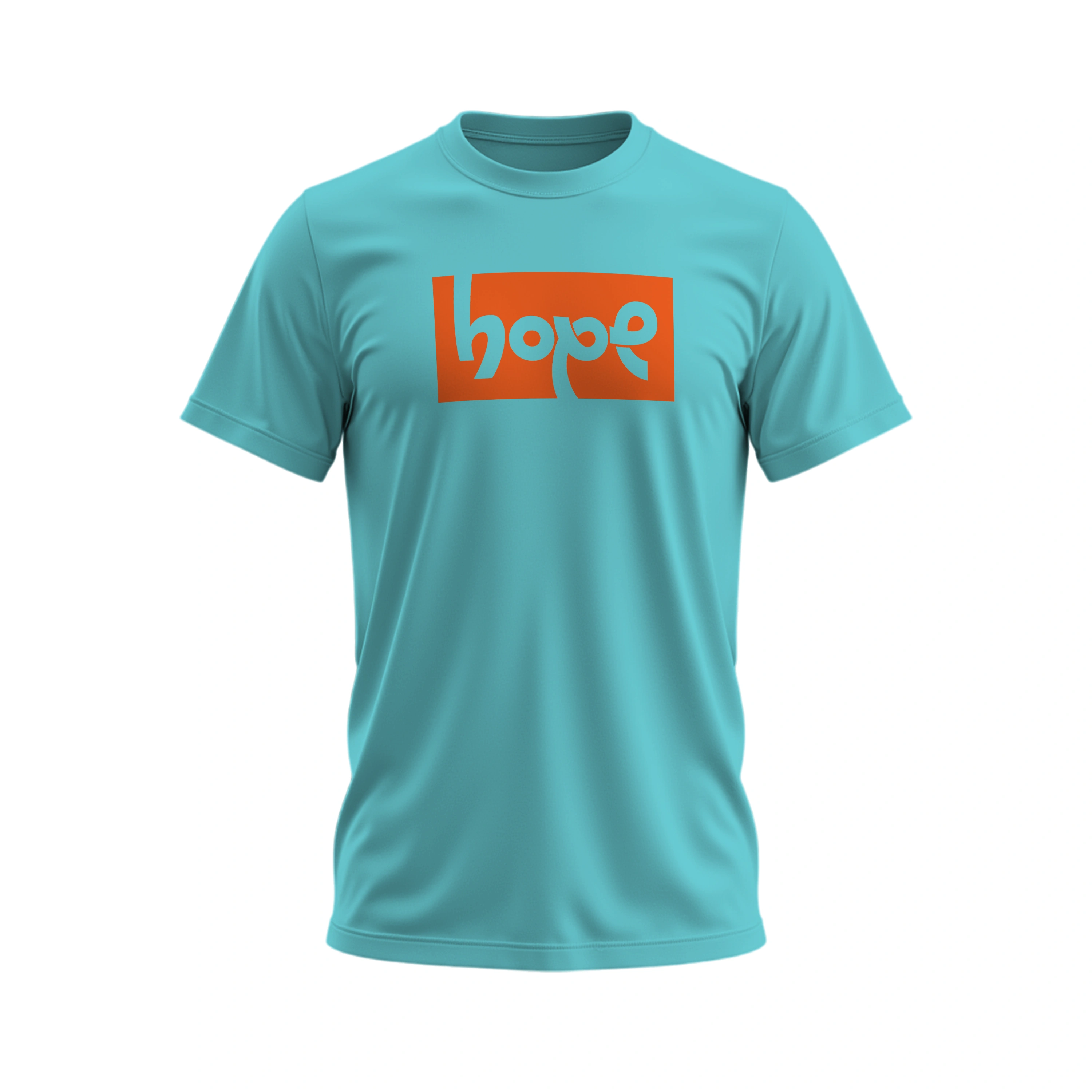 Turquoise t-shirt with an orange 'hope' logo on a white background