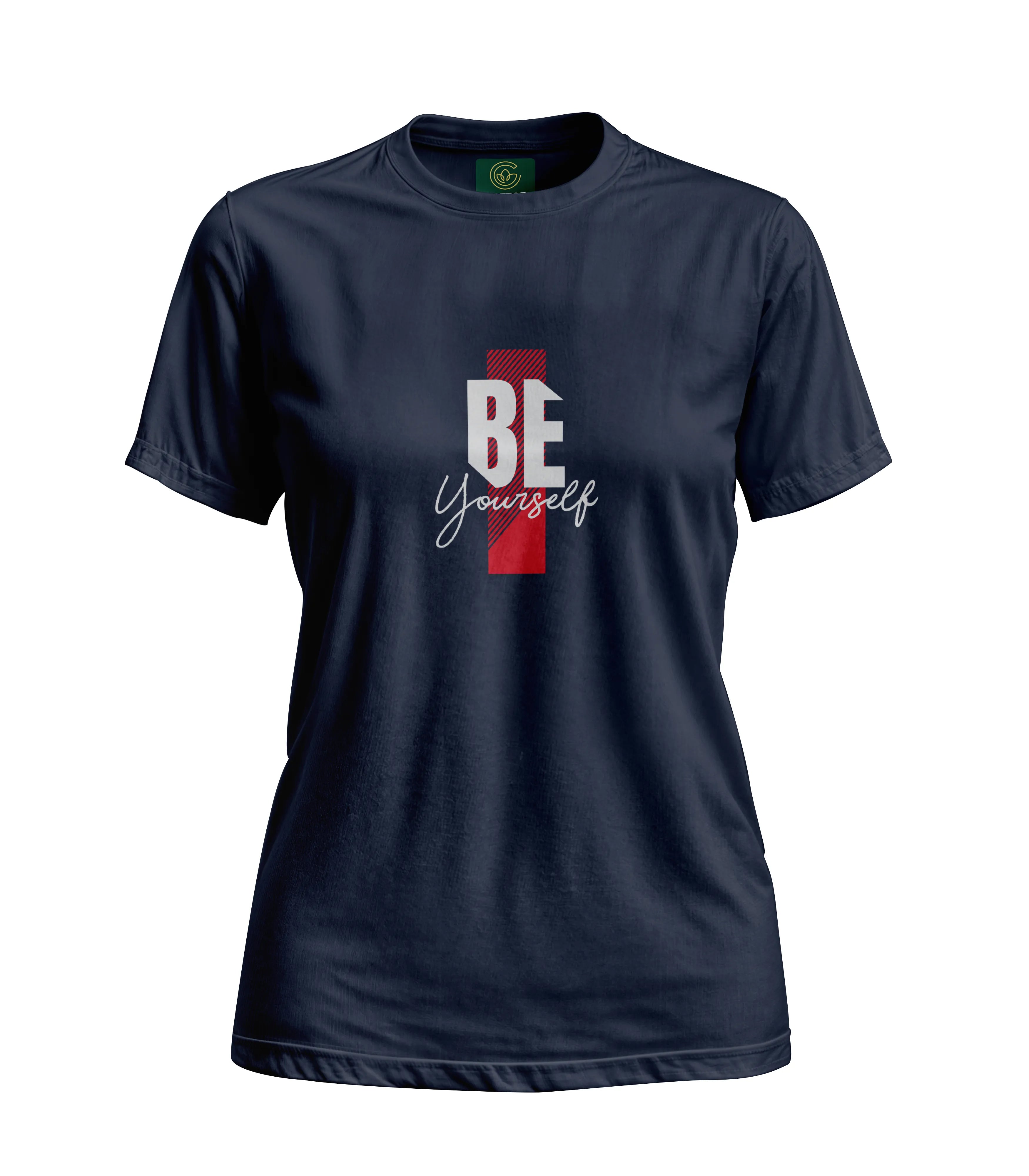 Navy blue t-shirt with 'BE Yourself' graphic on a white background