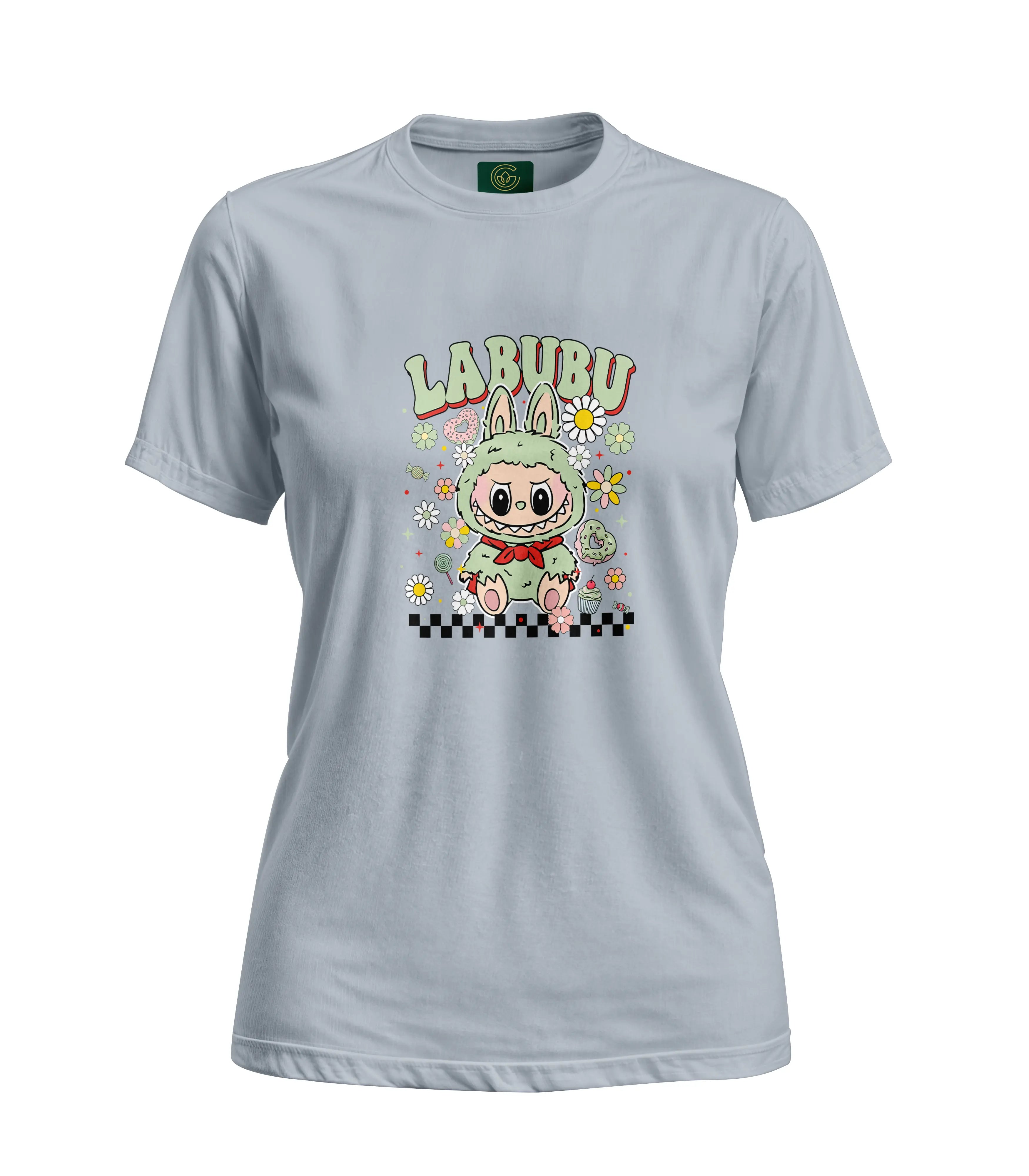 Gray t-shirt with a cartoon character and 'LABUBU' branding on a white background