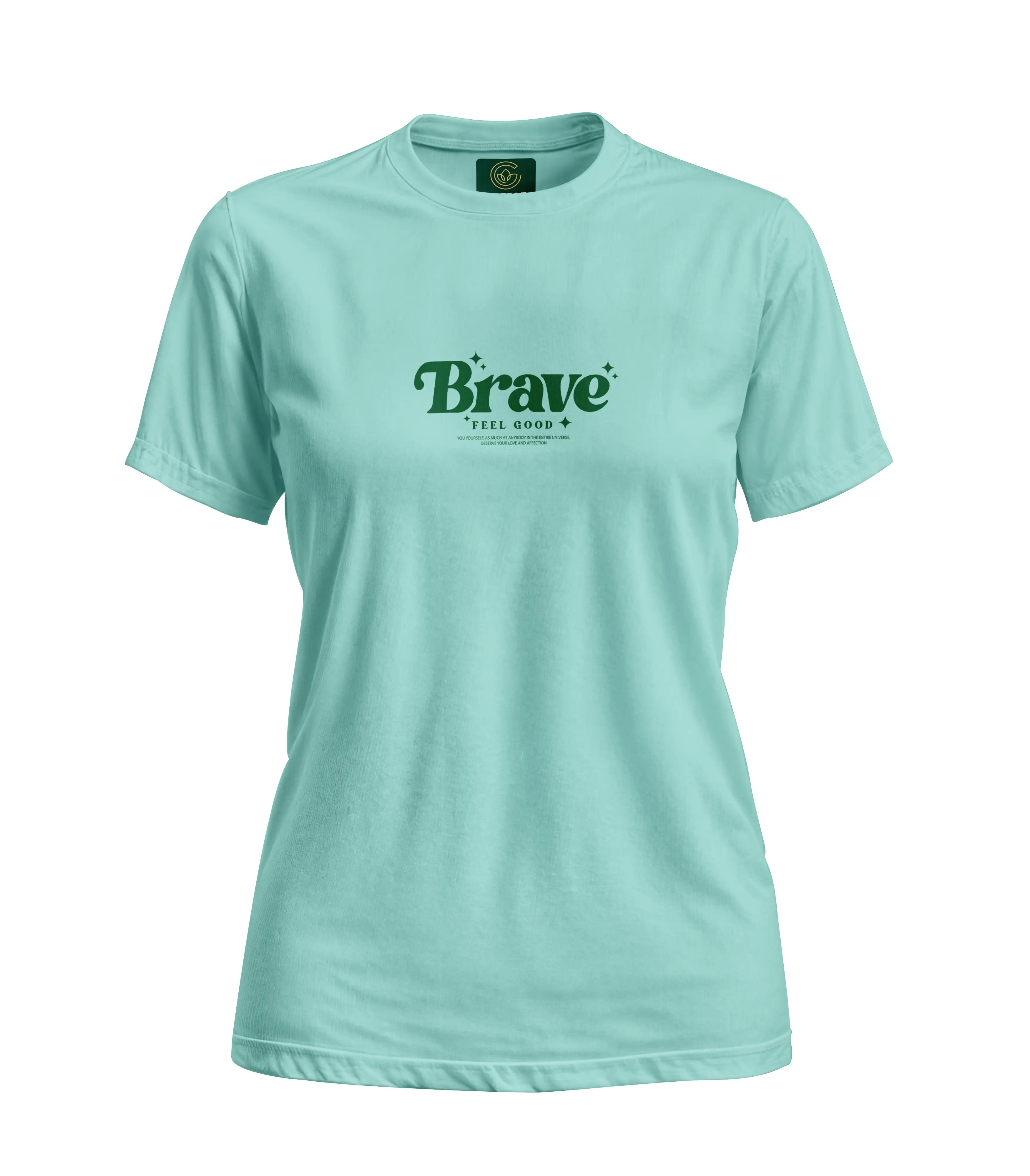 Mint green t-shirt with 'Brave' logo on a white background