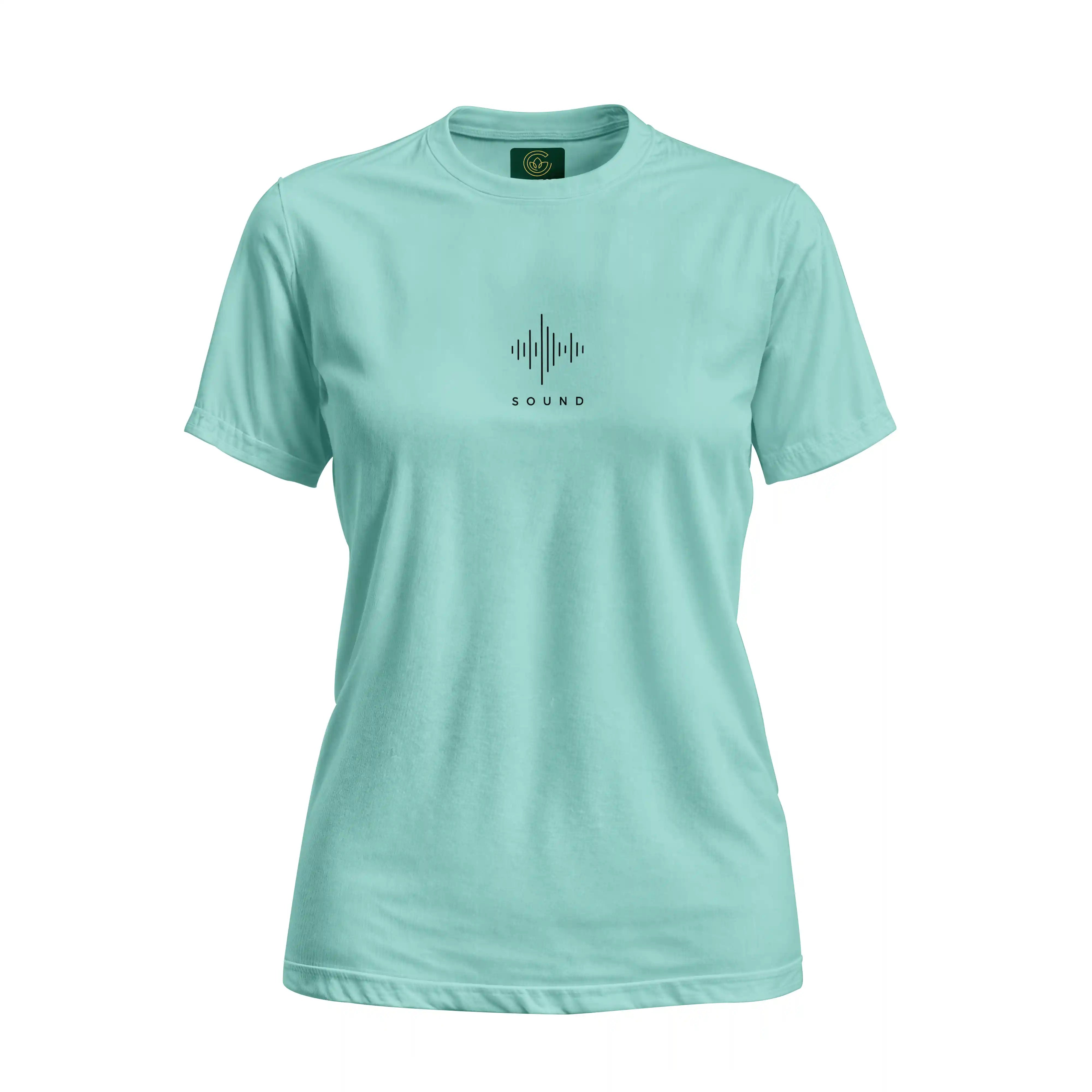 Mint green t-shirt with a black graphic and text on a white background