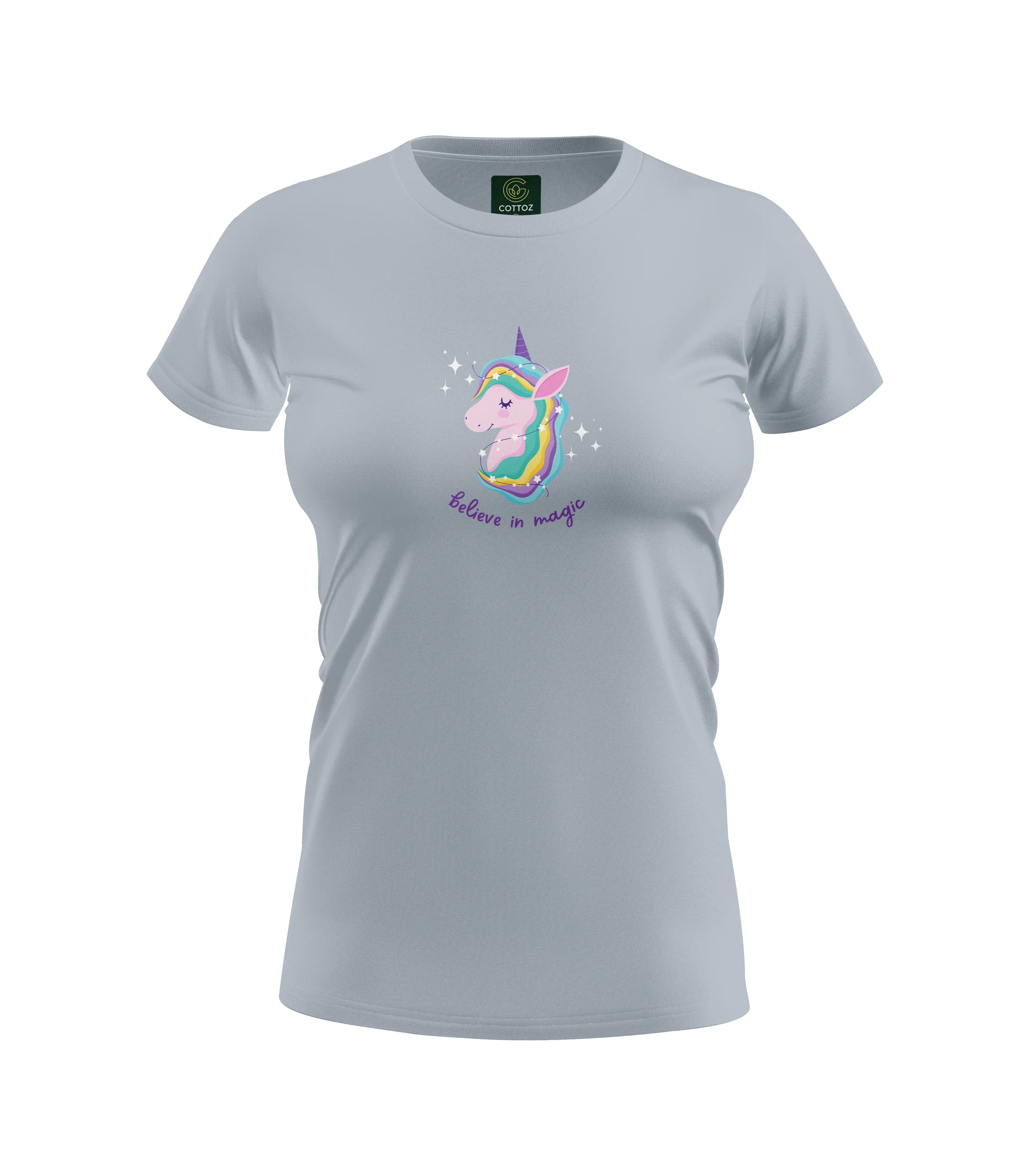 Gray t-shirt with a unicorn graphic and 'believe in magic' text on a white background