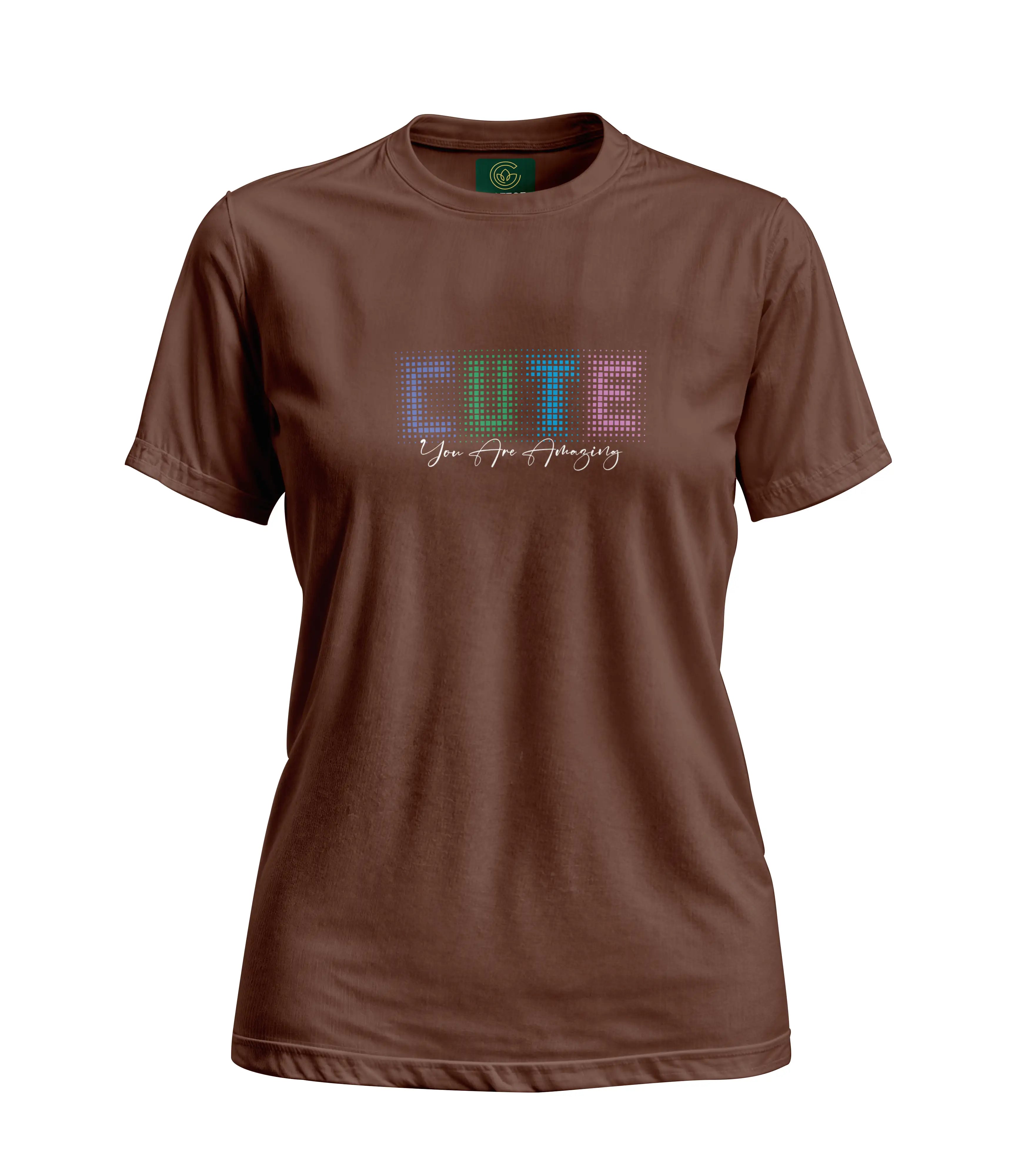 Brown t-shirt with colorful 'CUTE' design on a white background