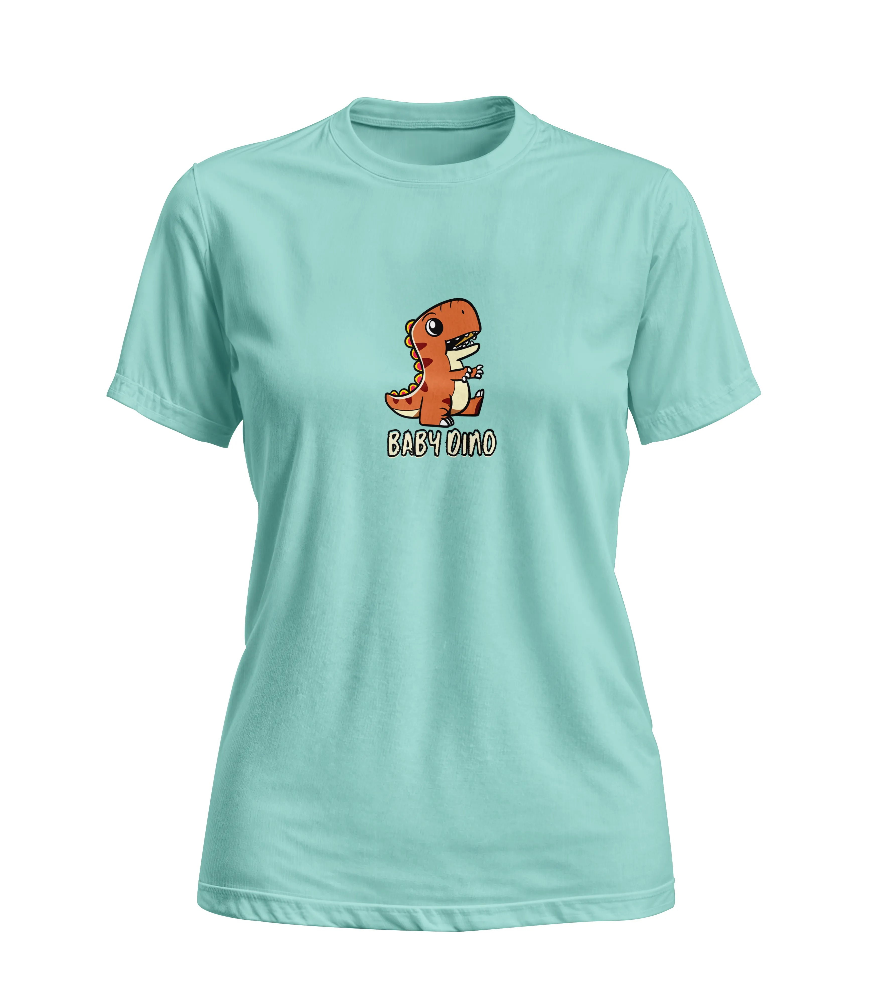 Light blue t-shirt with a cartoon dinosaur design on a white background