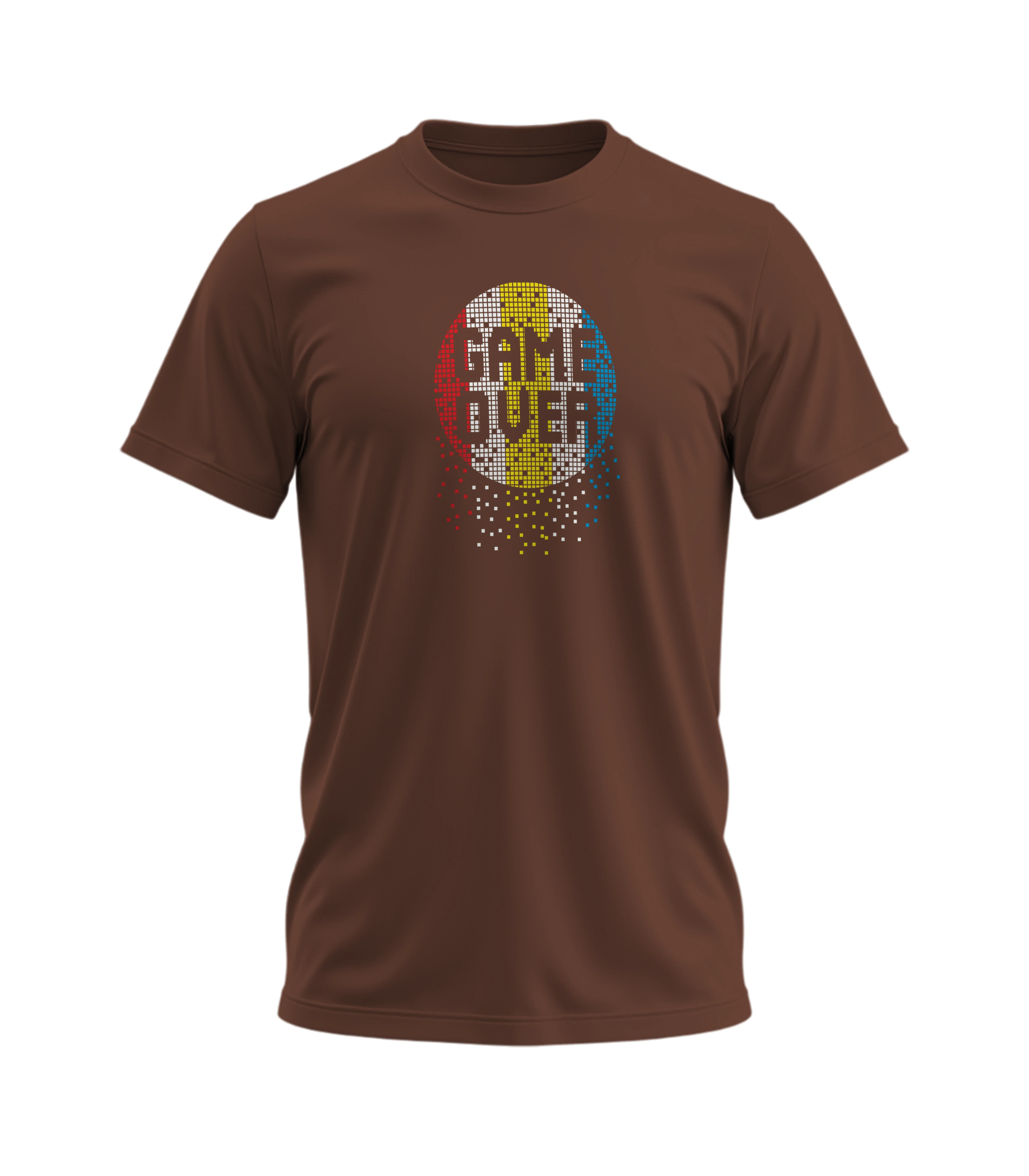 Brown t-shirt with 'GAME OVER' graphic design on a white background