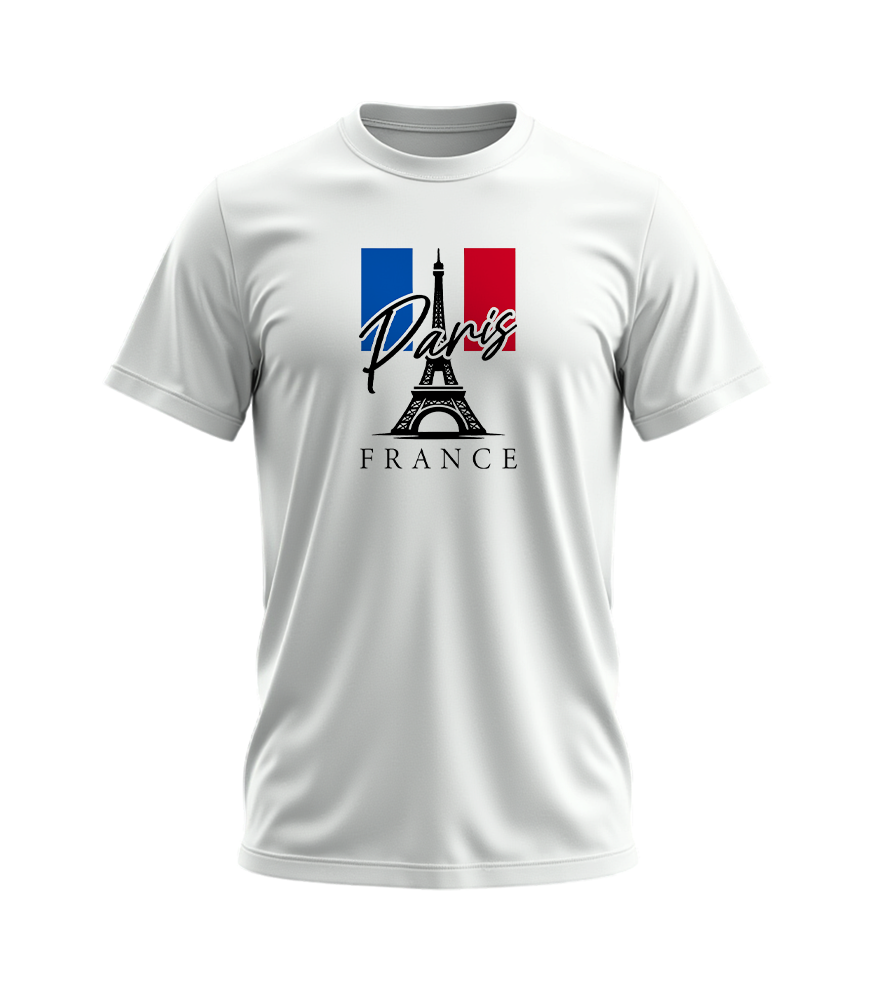 White t-shirt with Paris and France design on a white background