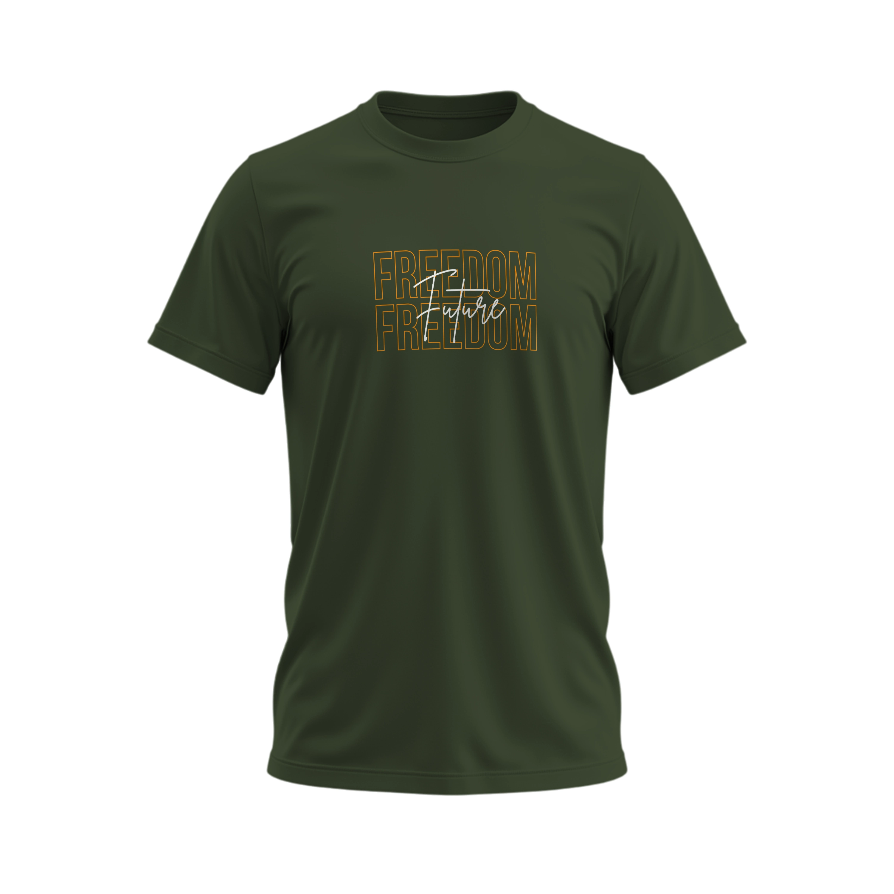 Green t-shirt with 'Freedom' text on a white background