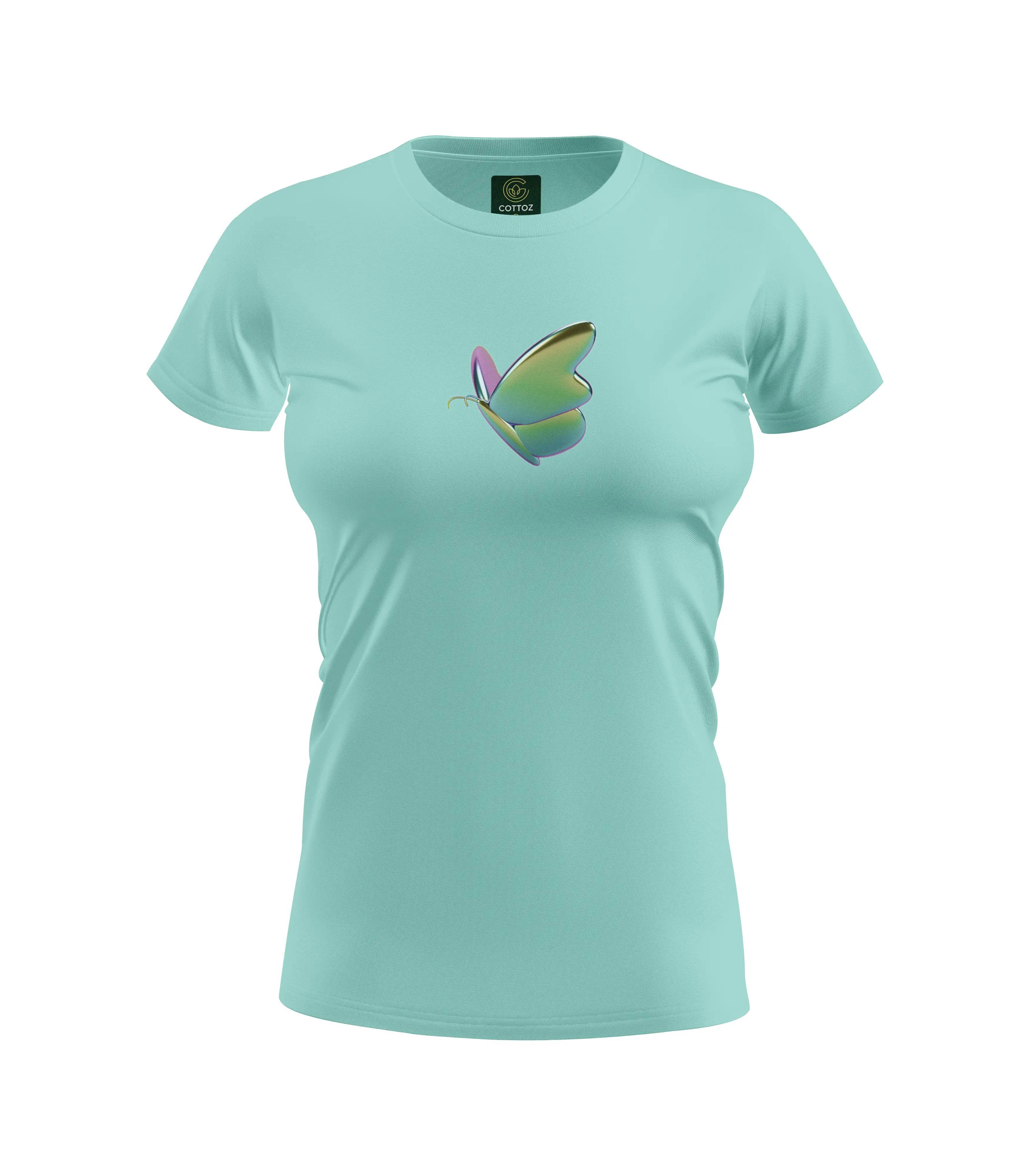 Light blue t-shirt with a colorful butterfly design on a white background