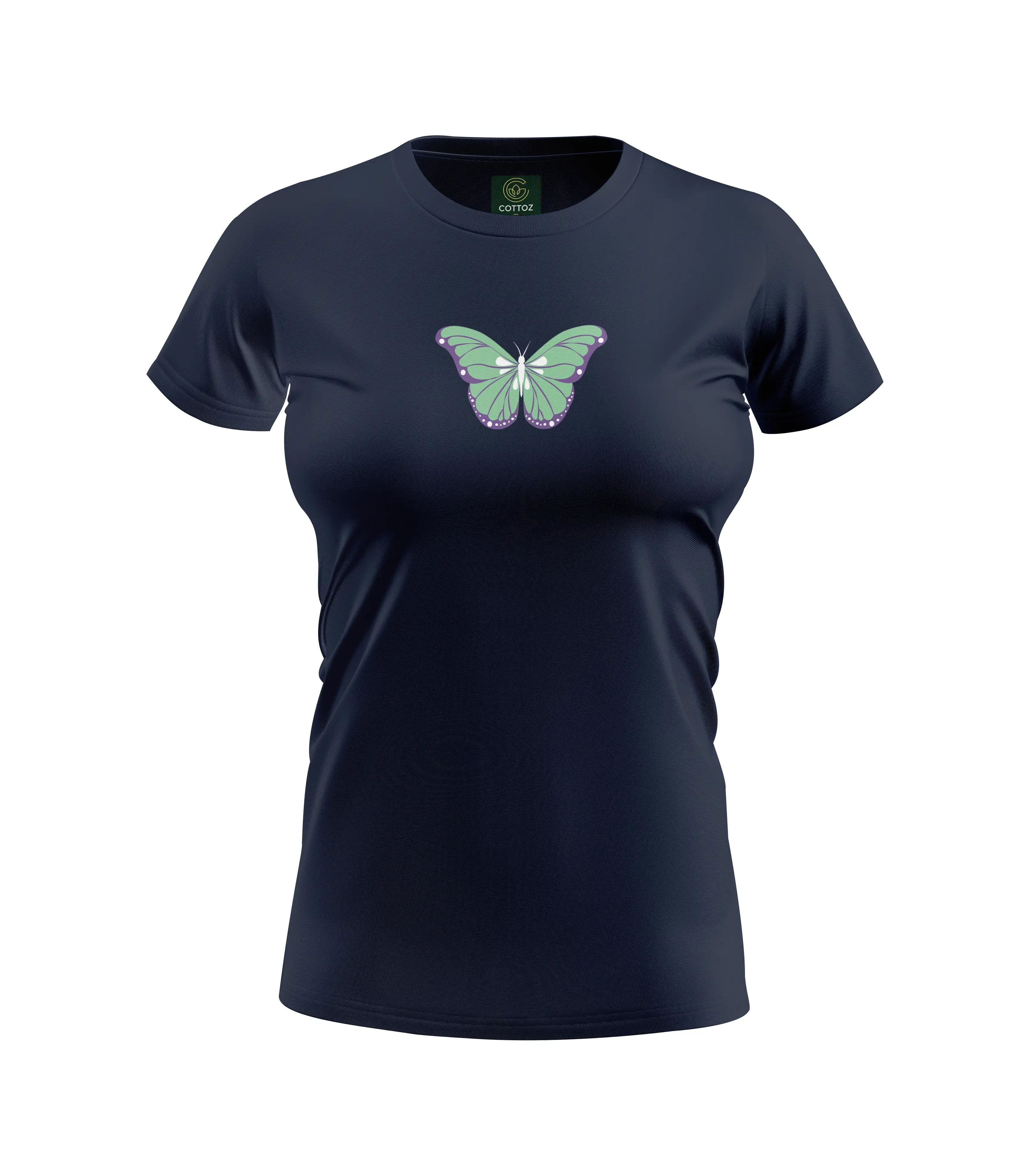 Navy blue t-shirt with a green butterfly design on a white background