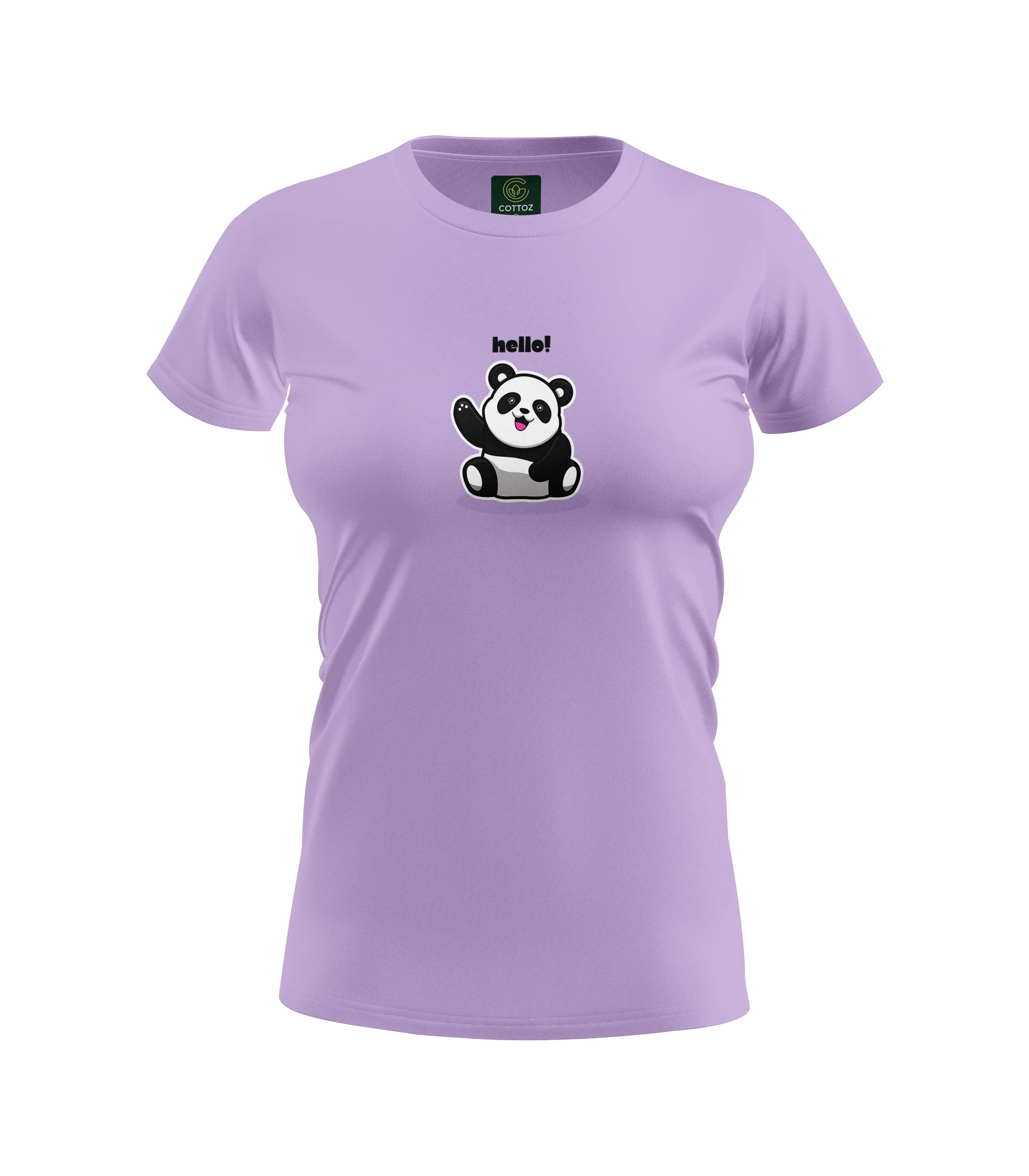 Purple t-shirt with a panda graphic and 'hello!' text on a white background
