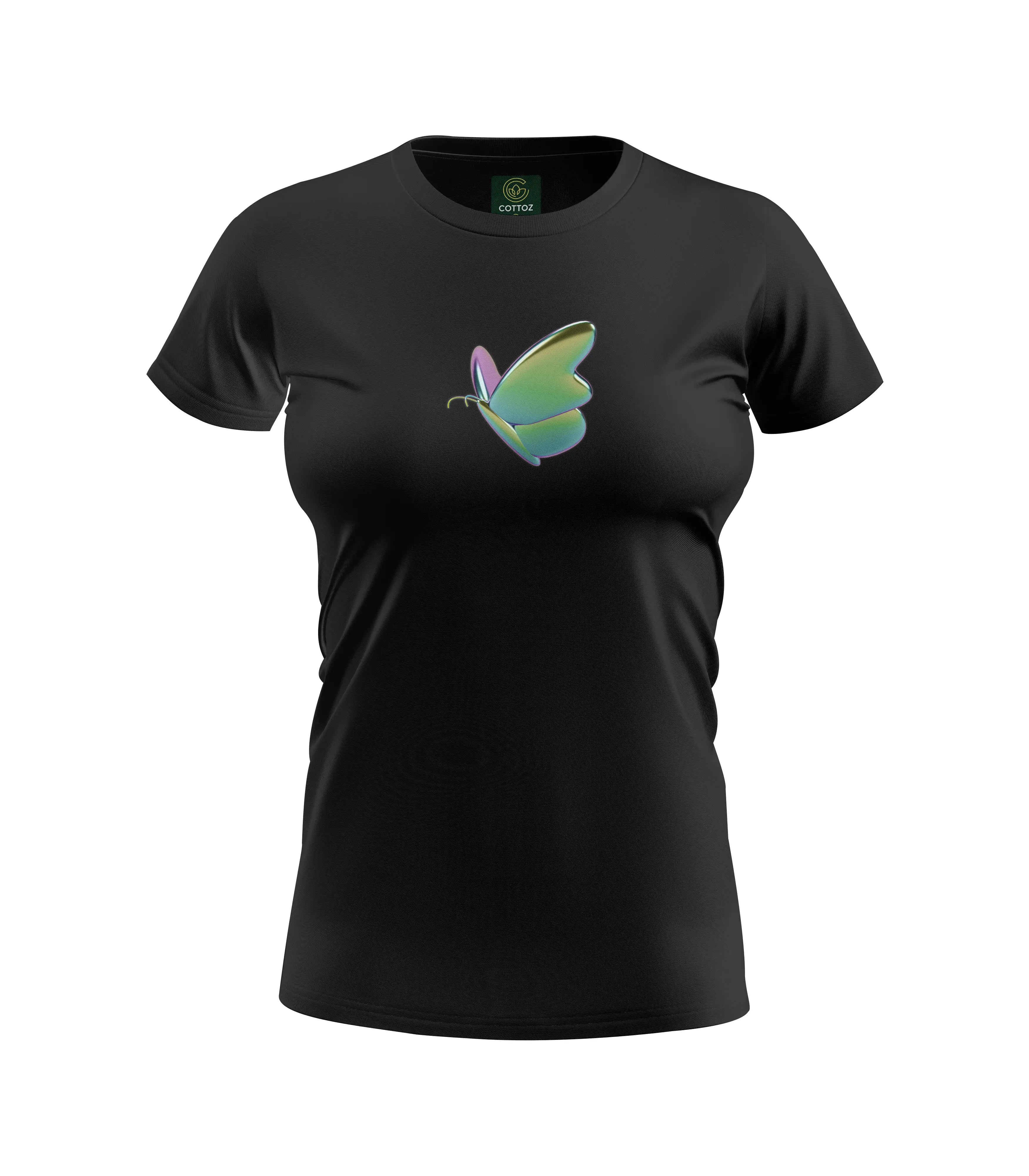 Black t-shirt with a colorful butterfly design on a white background