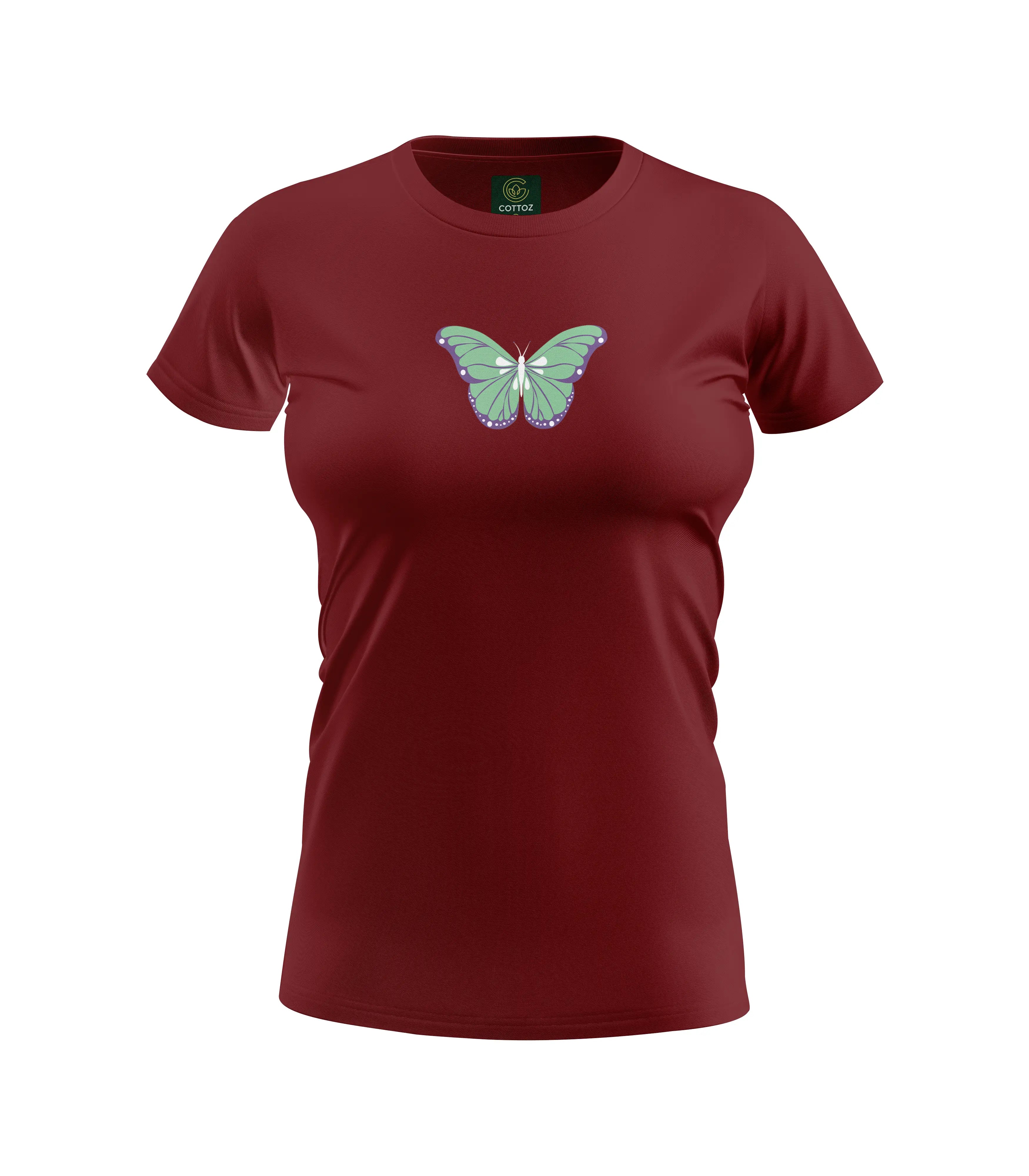 Maroon t-shirt with a green butterfly design on a white background