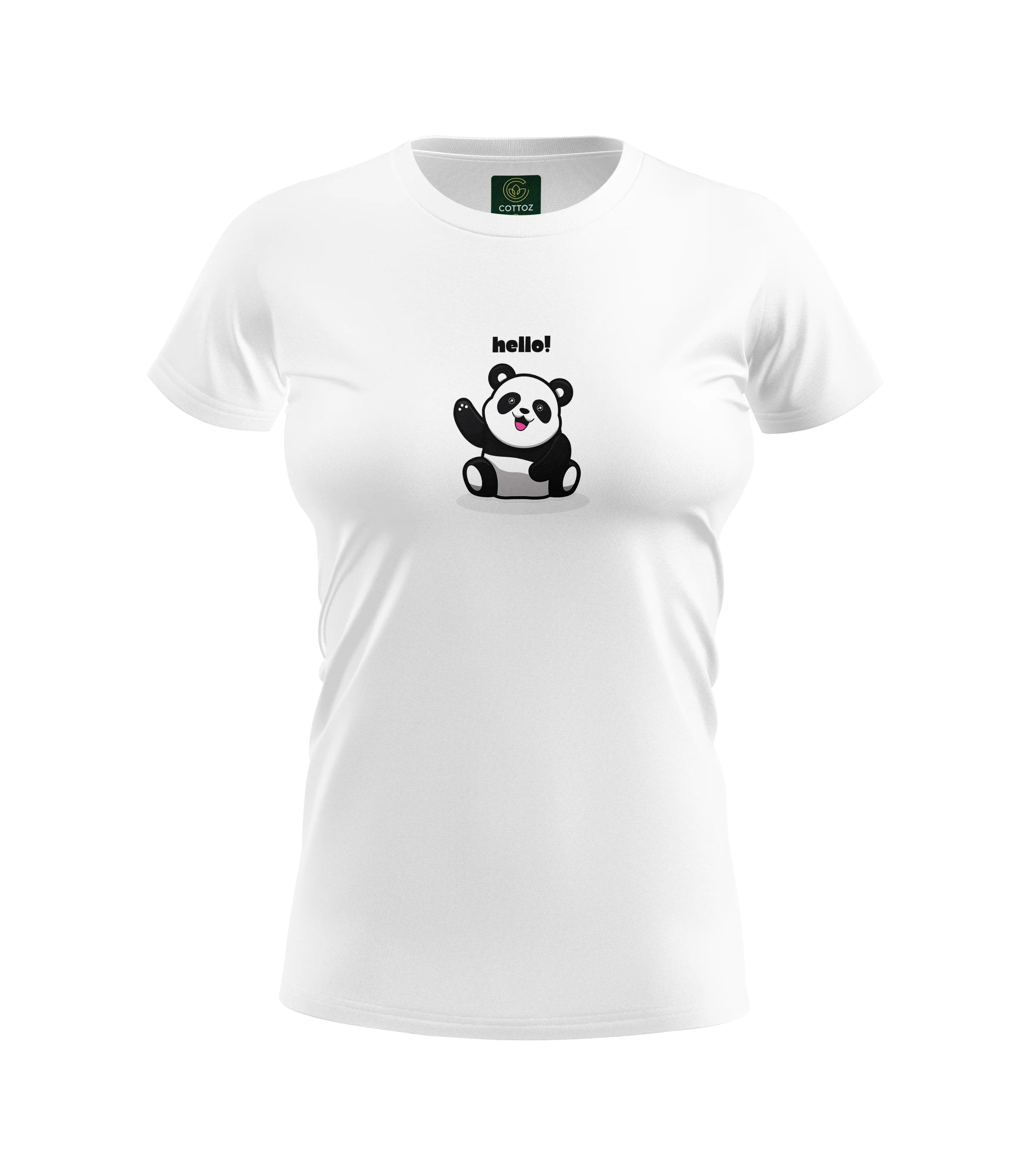 White t-shirt with a panda graphic and 'hello!' text on a white background