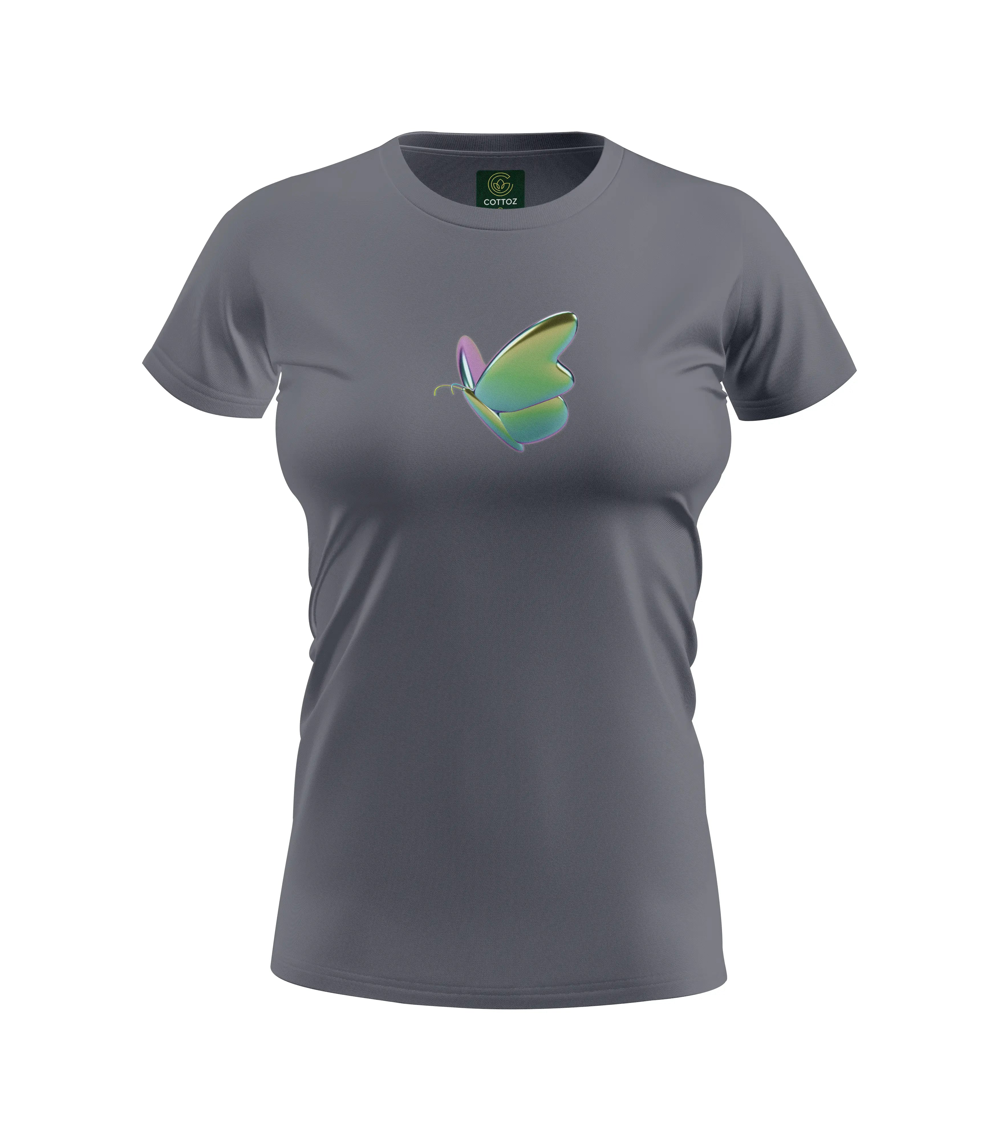 Gray t-shirt with a colorful butterfly design on a white background