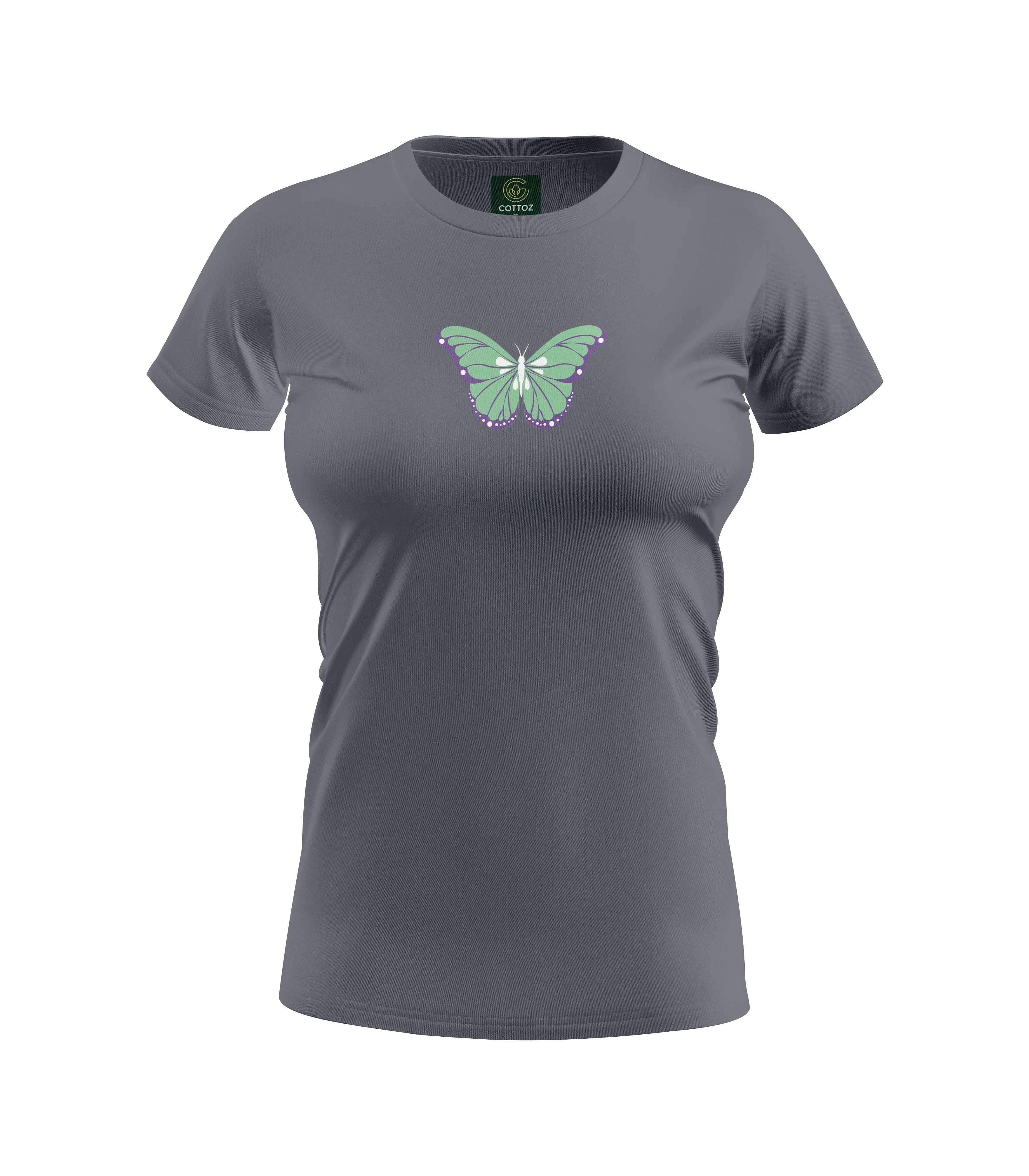 Gray t-shirt with a butterfly design on a white background