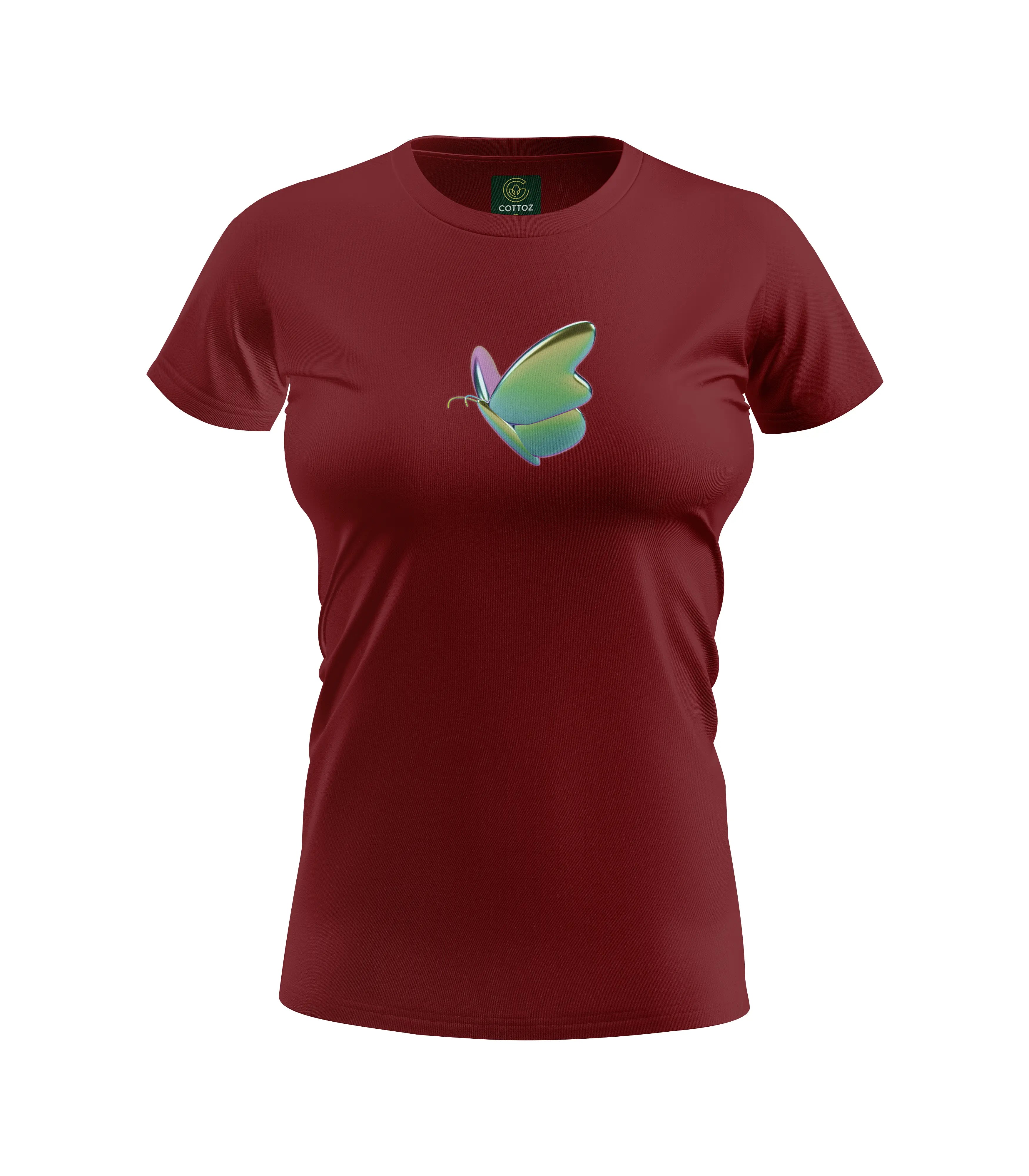 Maroon t-shirt with a colorful butterfly design on a white background