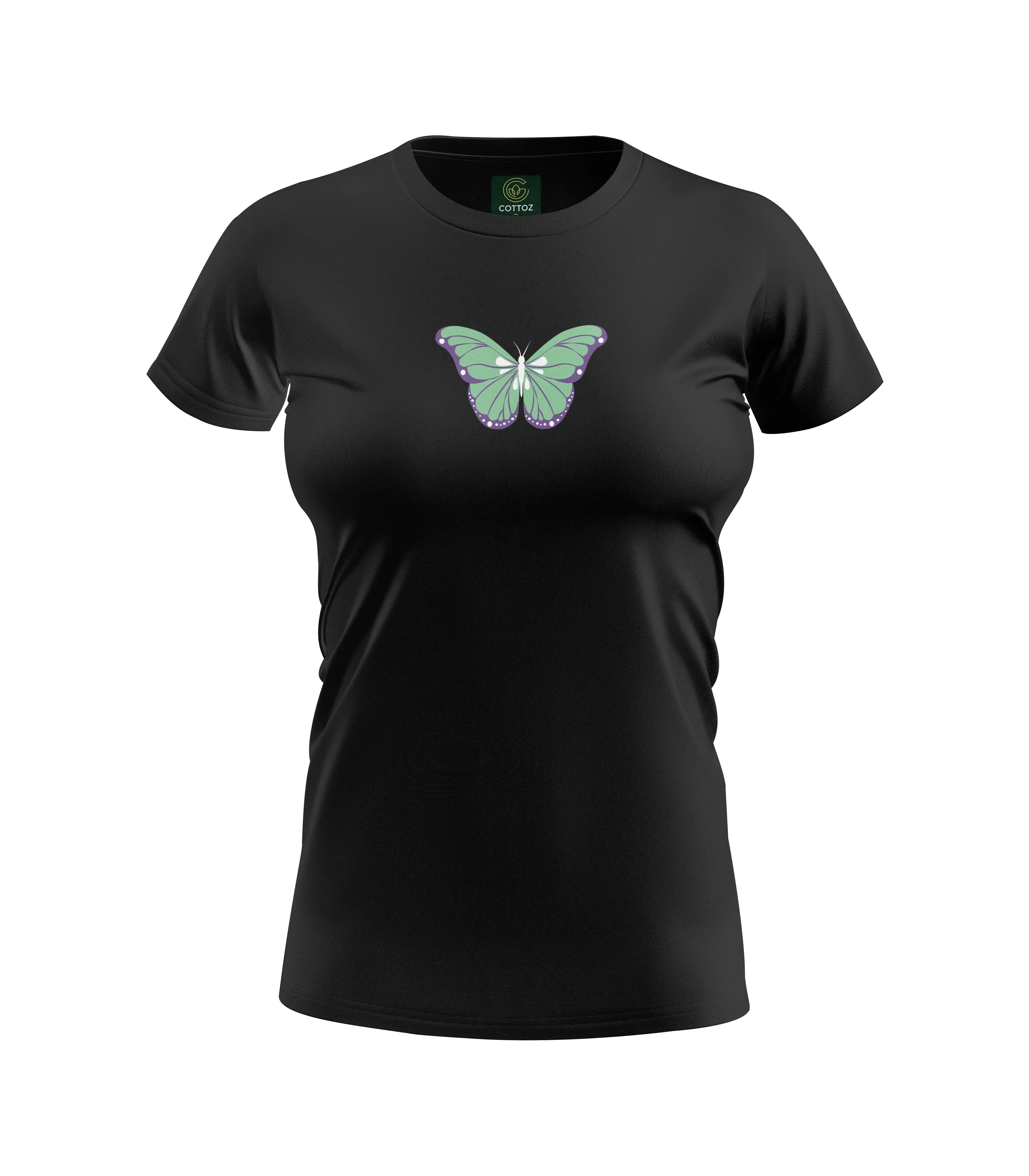 Black t-shirt with a butterfly design on a white background