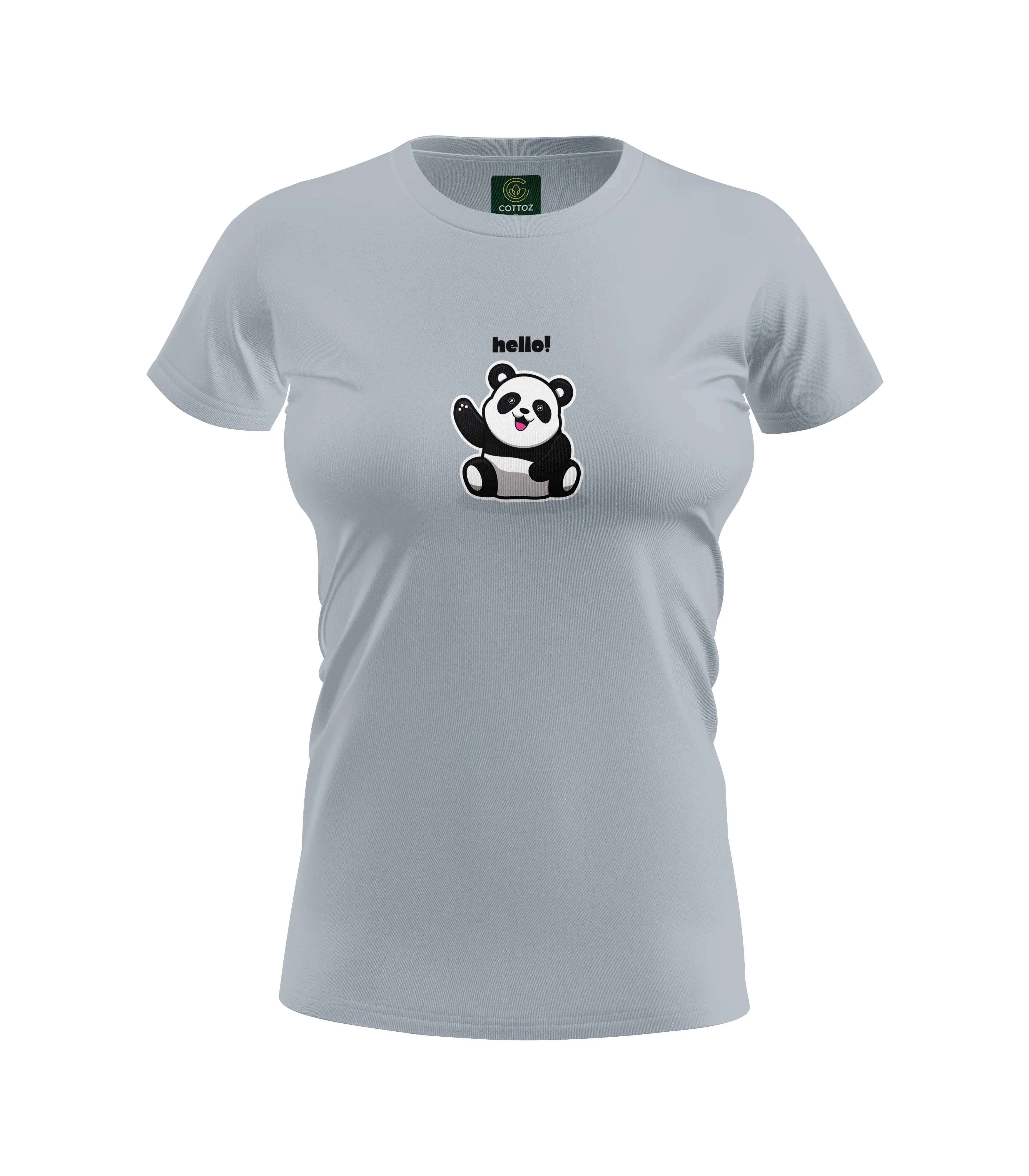 Gray t-shirt with a panda graphic and 'hello!' text on a white background