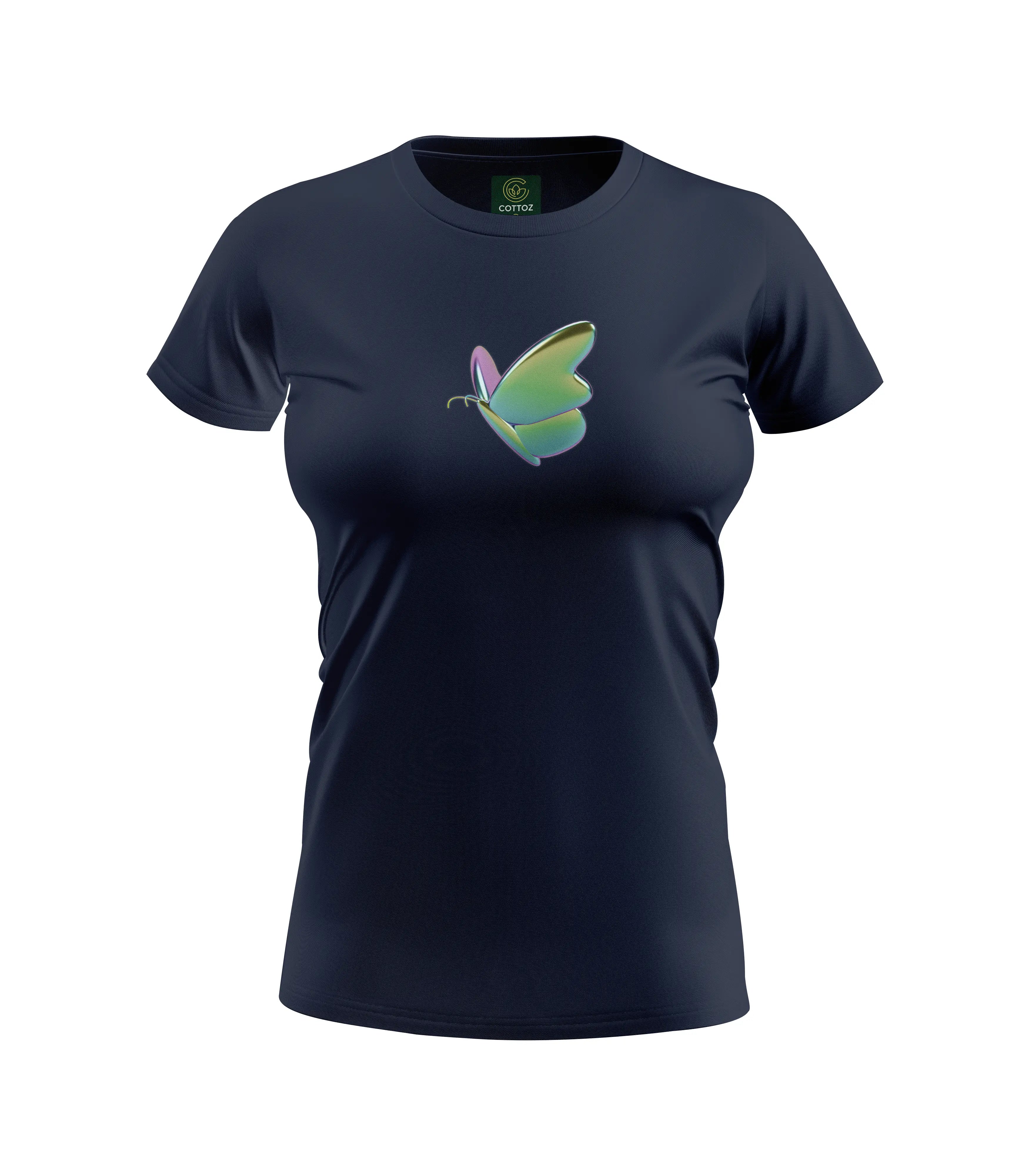 Navy blue t-shirt with a colorful butterfly design on a white background