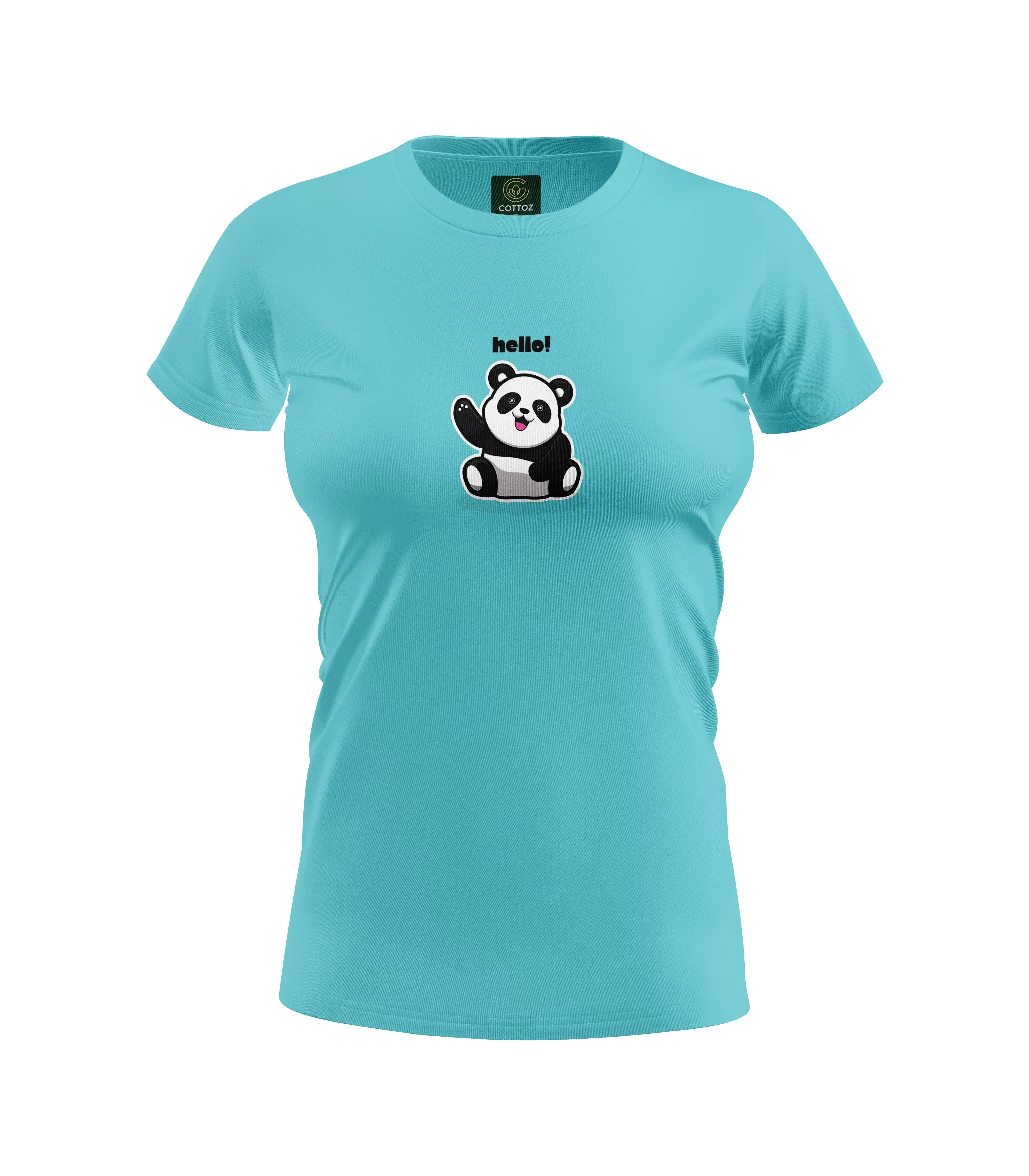 Light blue t-shirt with a panda graphic and 'hello!' text on a white background