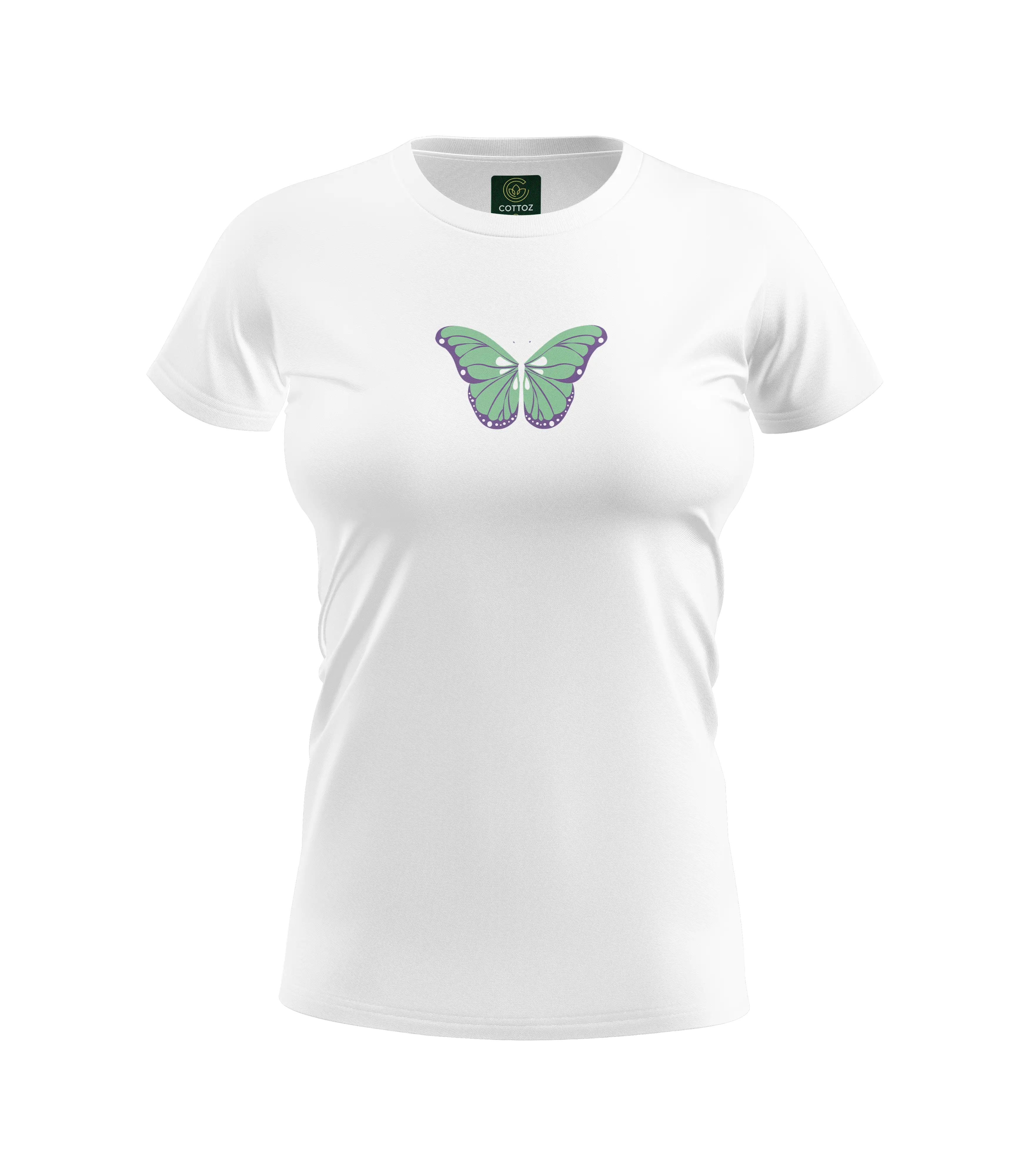 White t-shirt with a green butterfly design on a white background