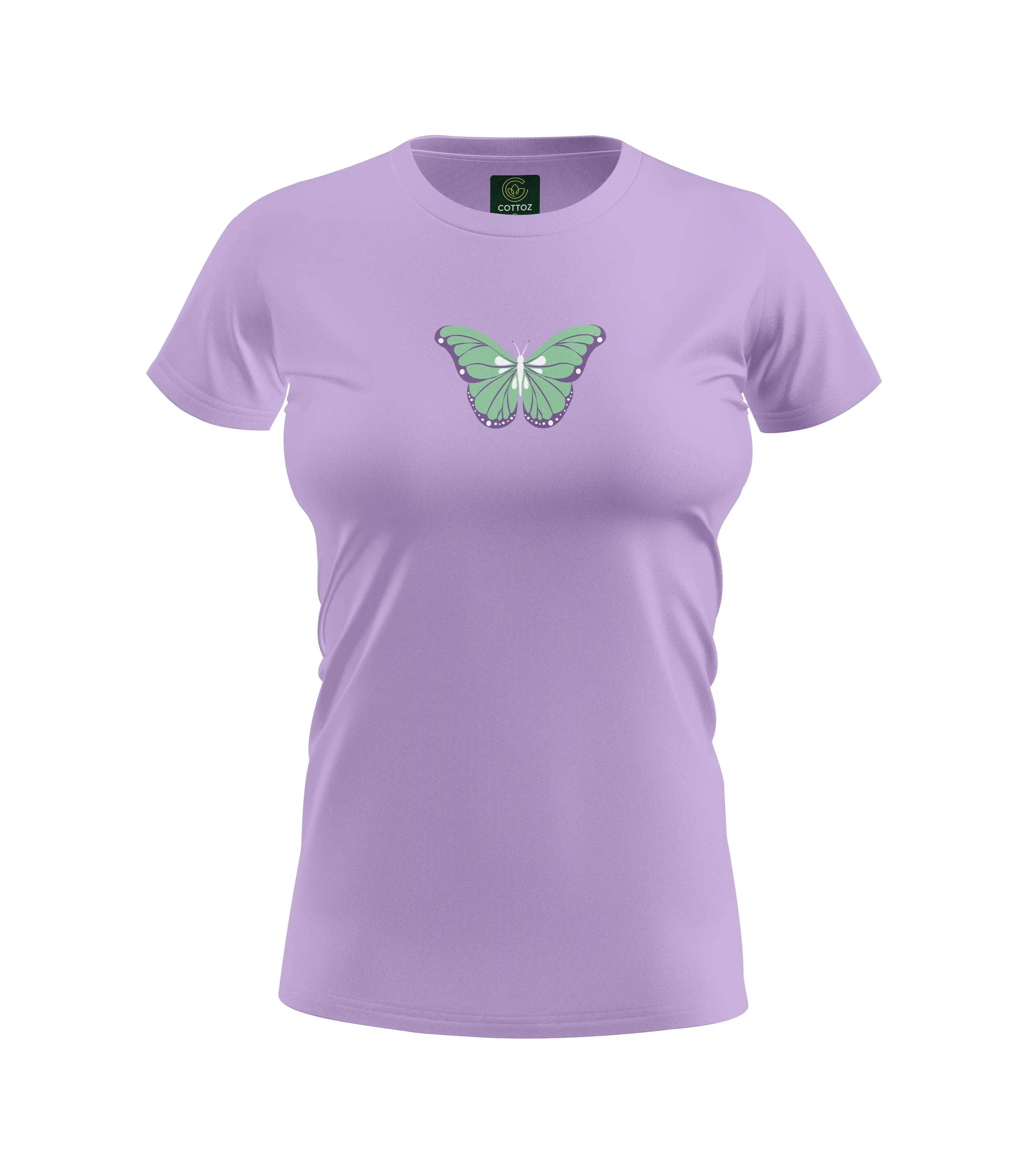 Purple t-shirt with a green butterfly design on a white background