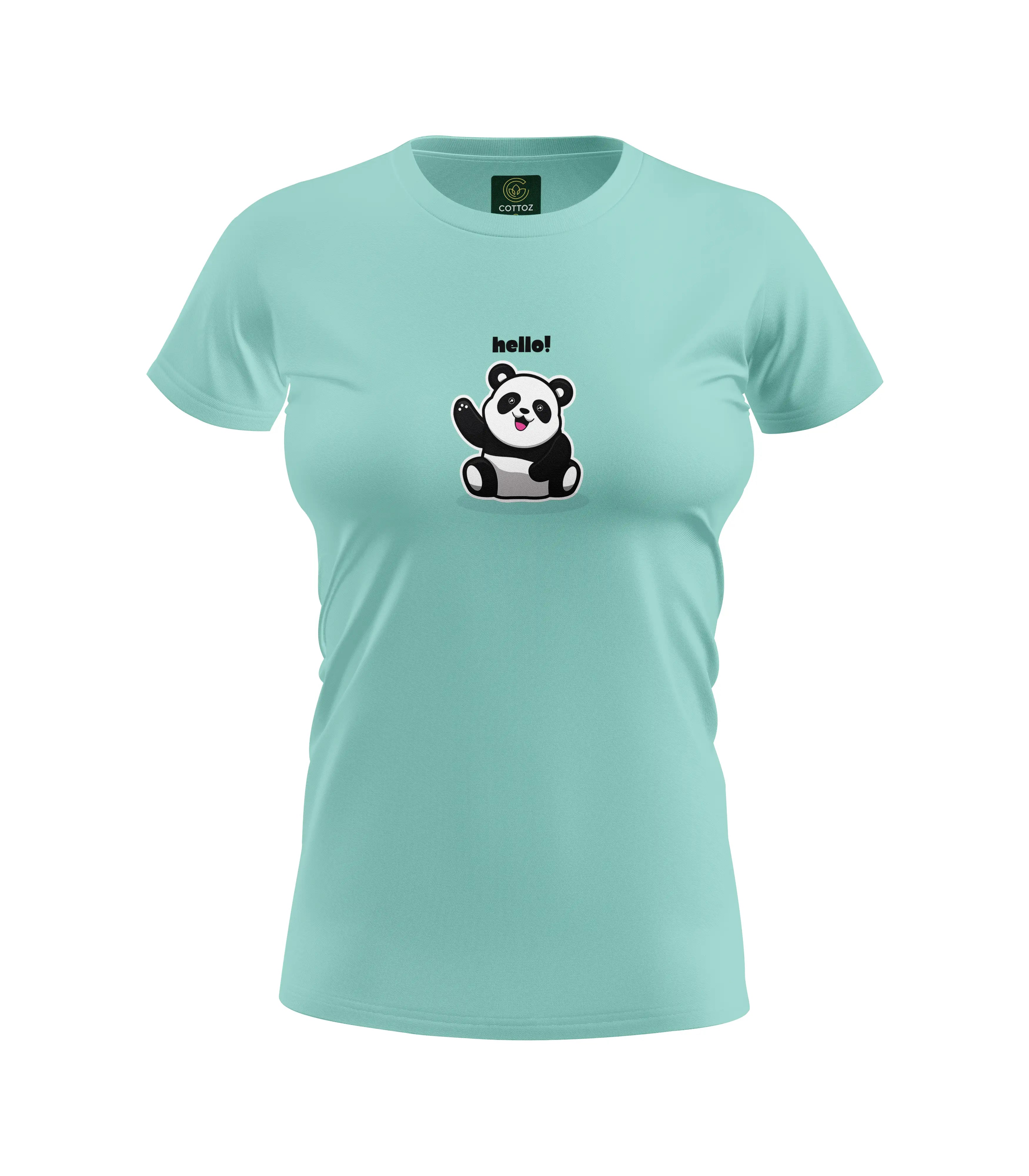 Light blue t-shirt with a panda graphic and 'hello!' text on a white background