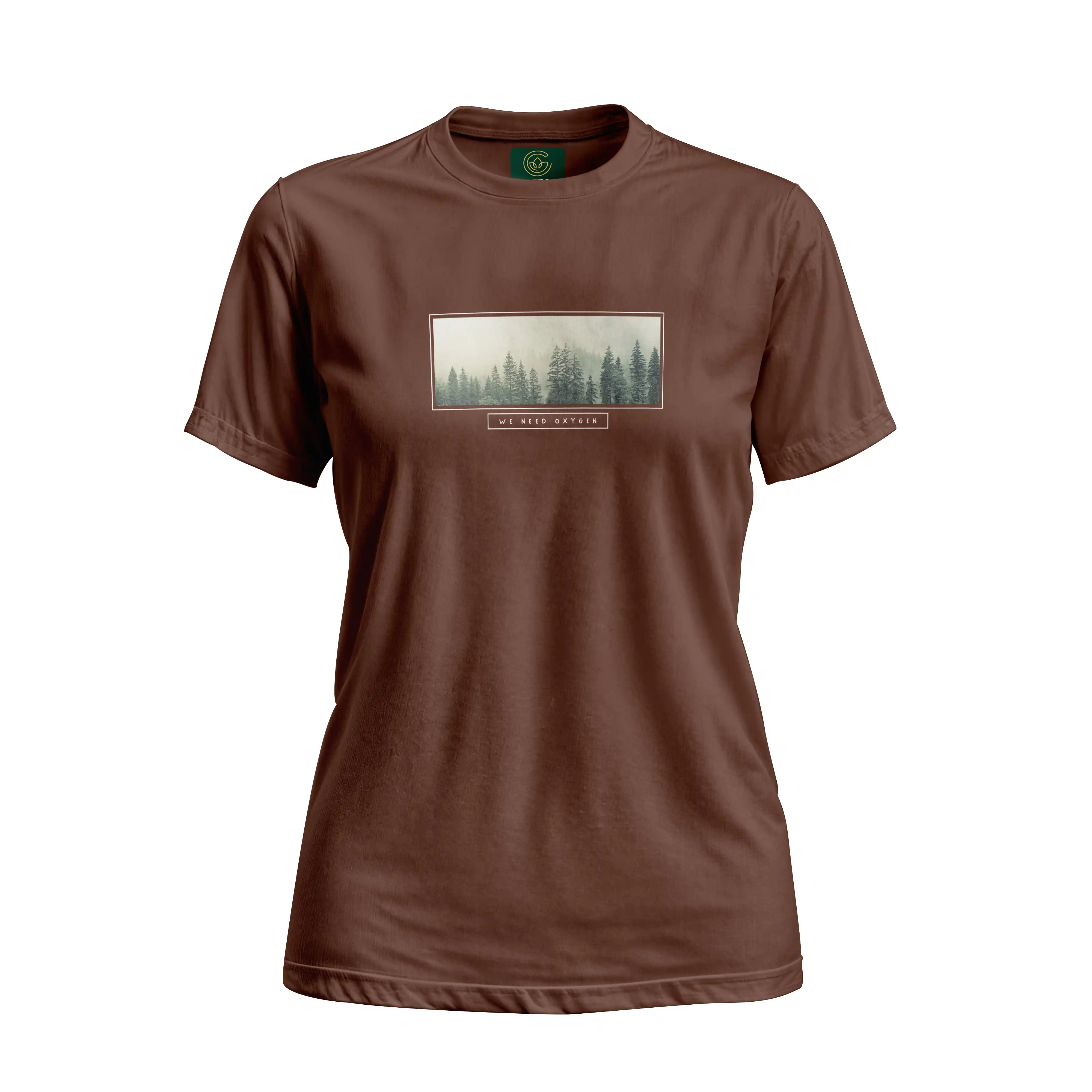 Brown t-shirt with a nature-themed graphic on a white background