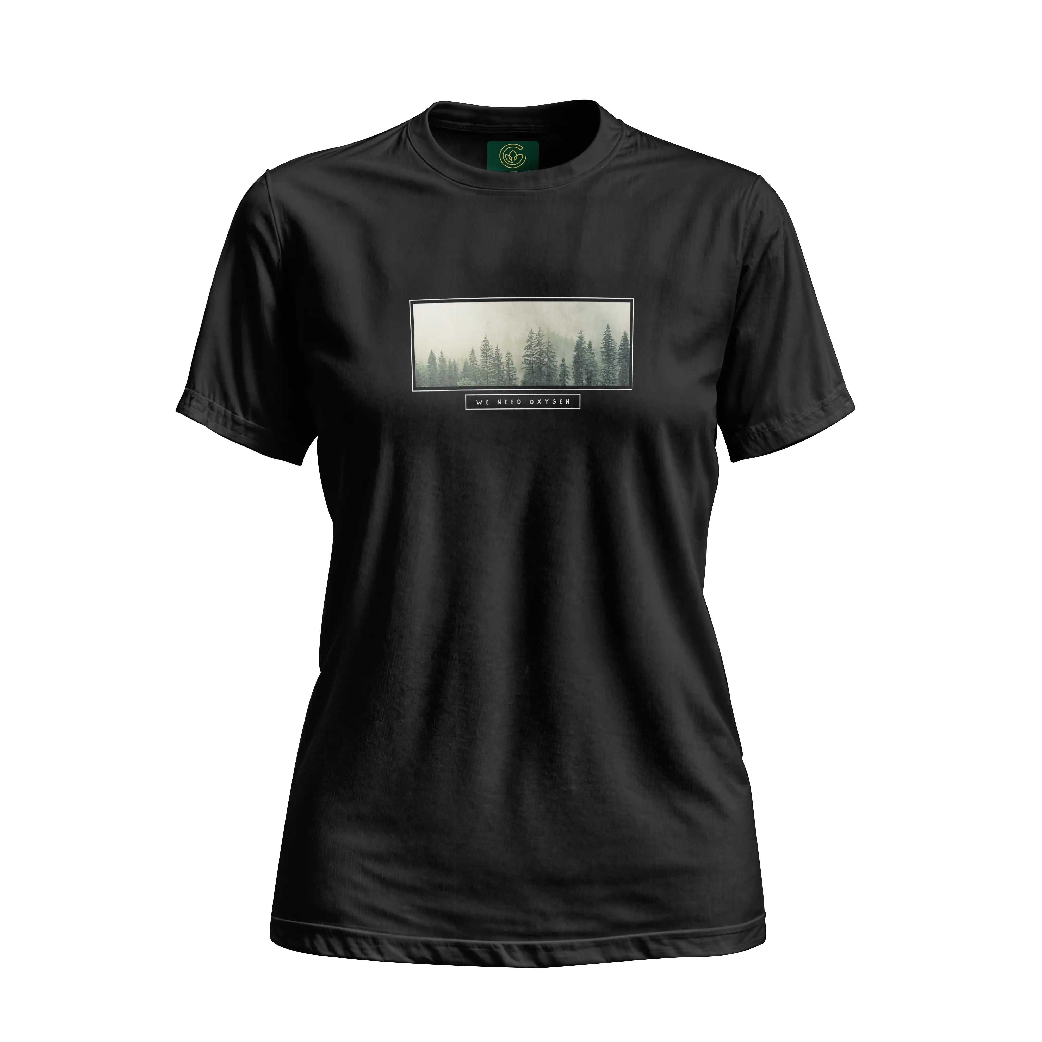 Black t-shirt with a forest graphic and text on a white background