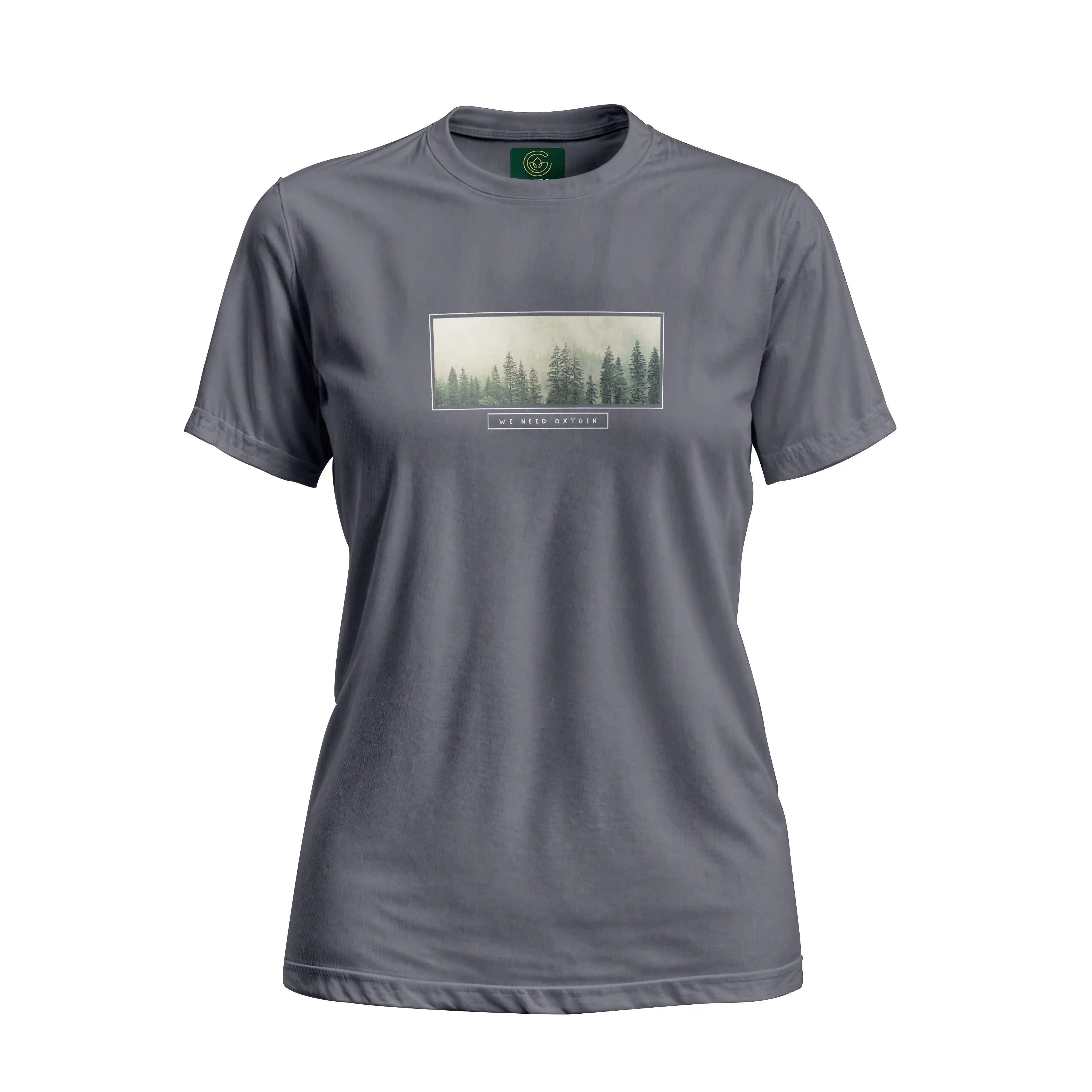 Gray t-shirt with a forest graphic on a white background