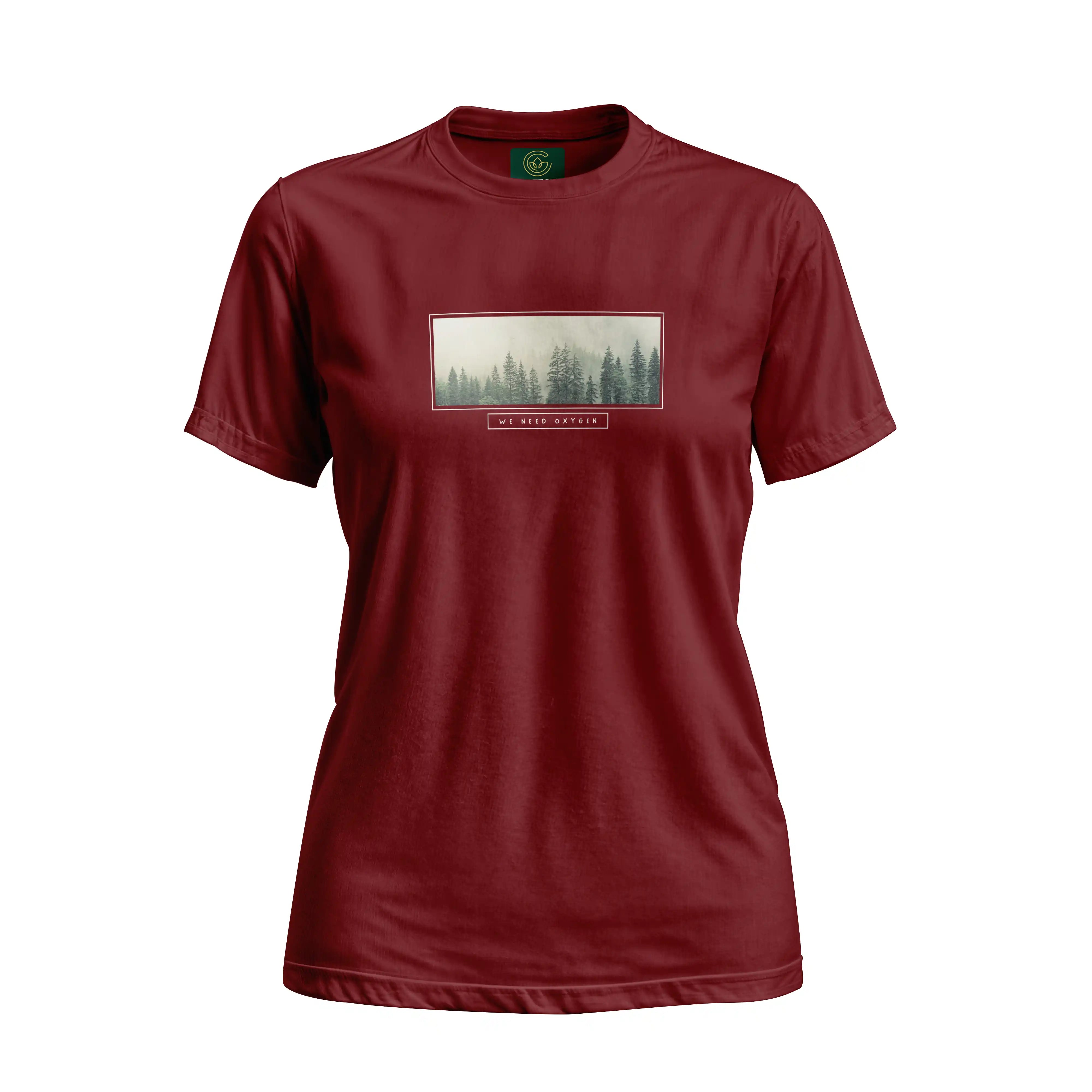 Maroon t-shirt with a nature-themed graphic on a white background