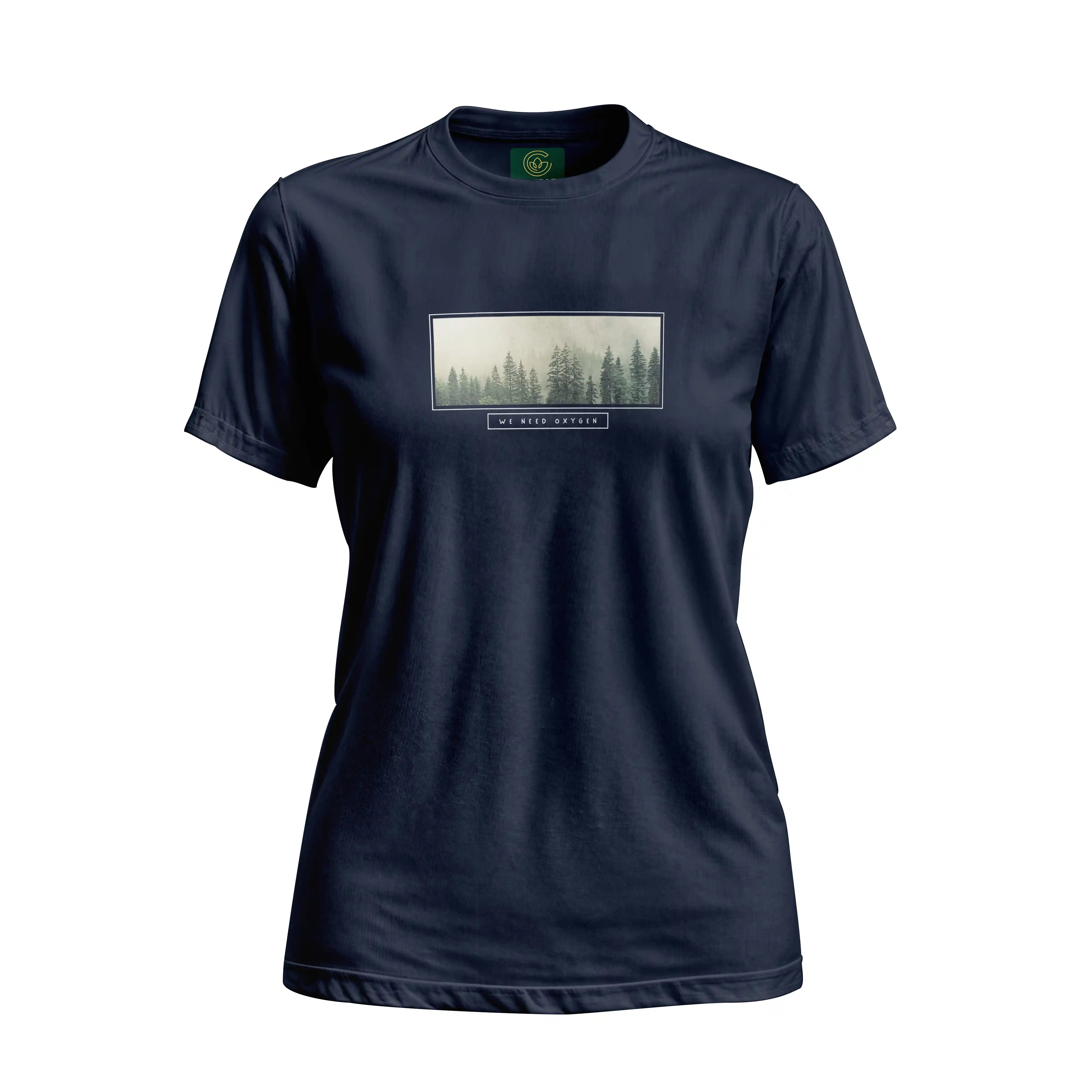 Navy blue t-shirt with a forest graphic and text on a white background