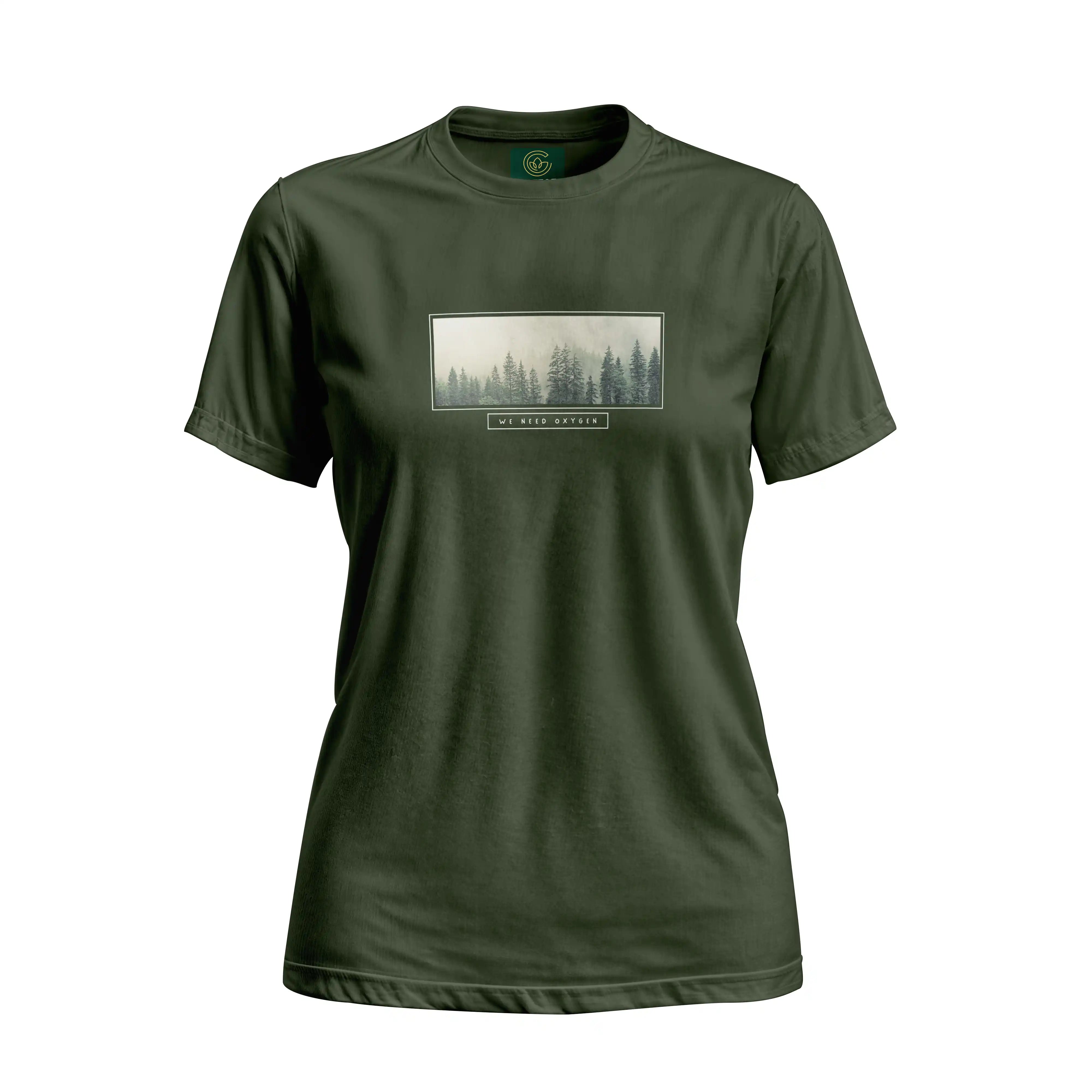 Green t-shirt with a nature graphic on a white background