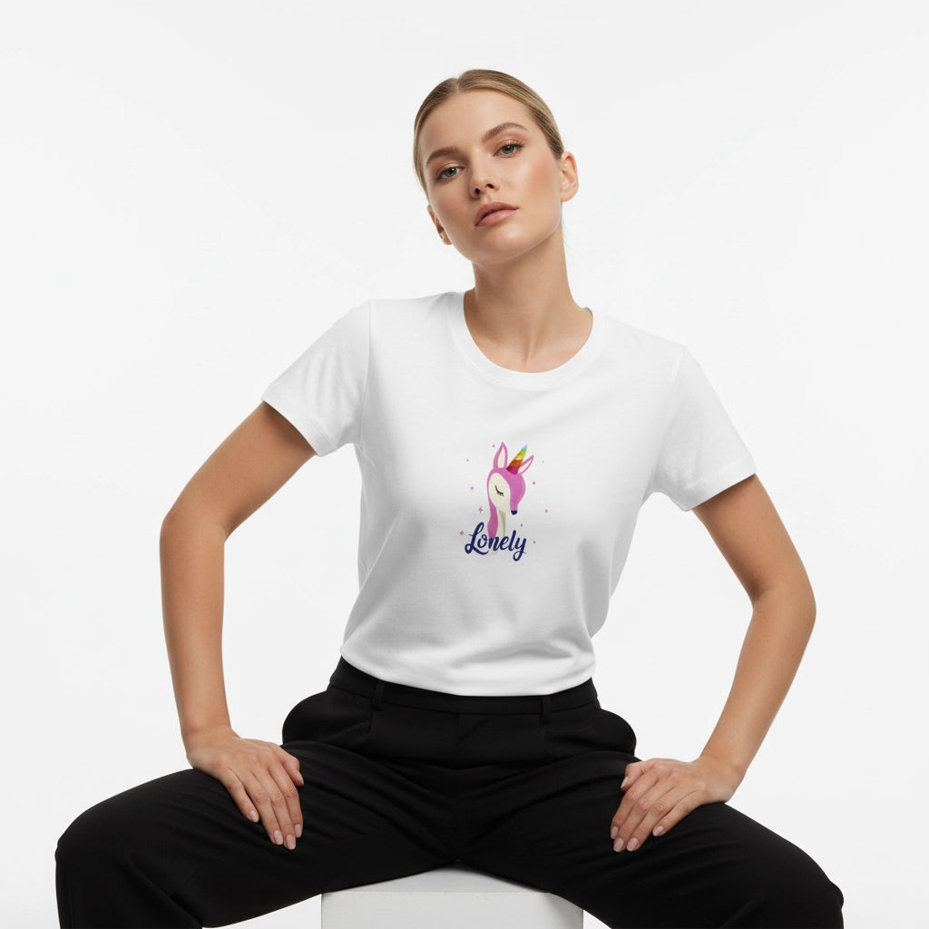 Person wearing a white t-shirt with a colorful design and text on a plain background