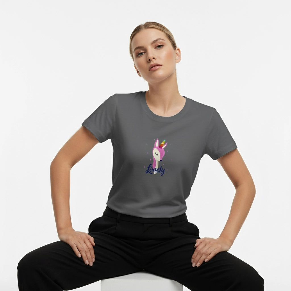 Person wearing a gray t-shirt with a colorful unicorn design and 'Lucky' text on a white background