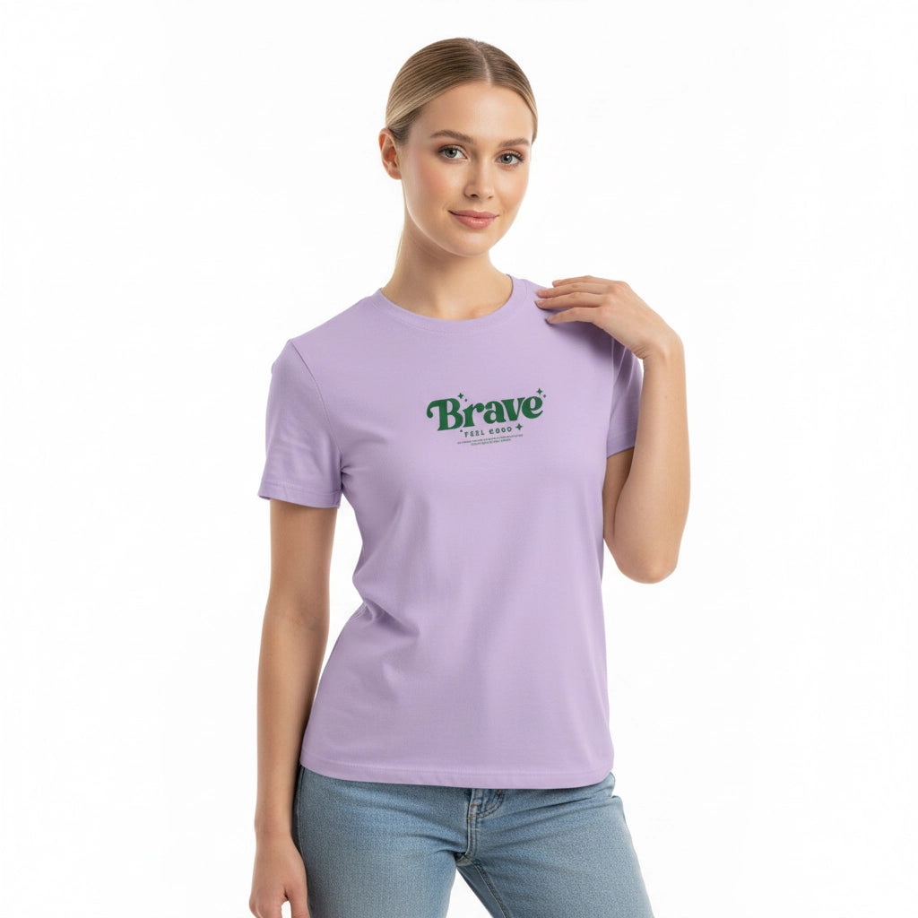 Woman wearing a lavender t-shirt with 'Brave' logo on a white background