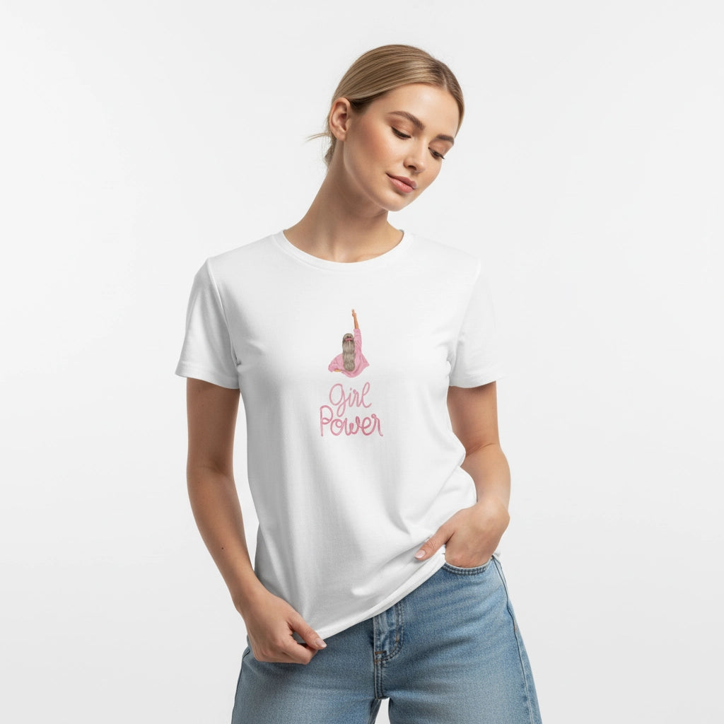Woman wearing a white t-shirt with 'Girl Power' text and graphic design on a plain background