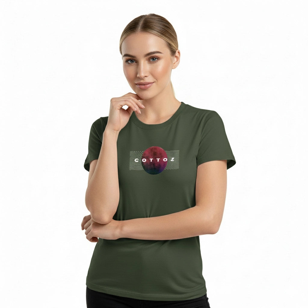 Woman wearing a green t-shirt with a graphic design on a white background