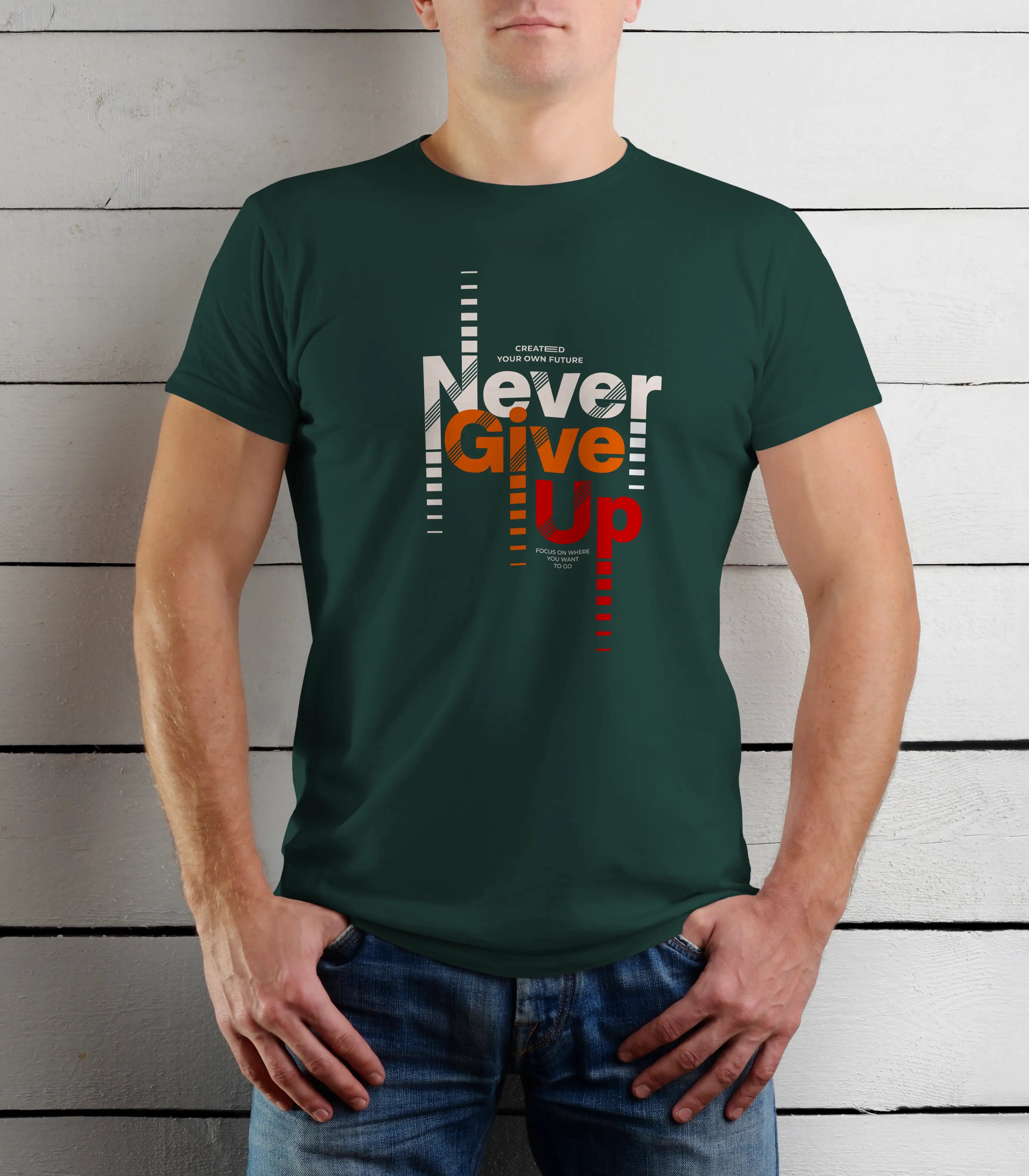 Person wearing a green t-shirt with 'Never Give Up' text design against a wooden background