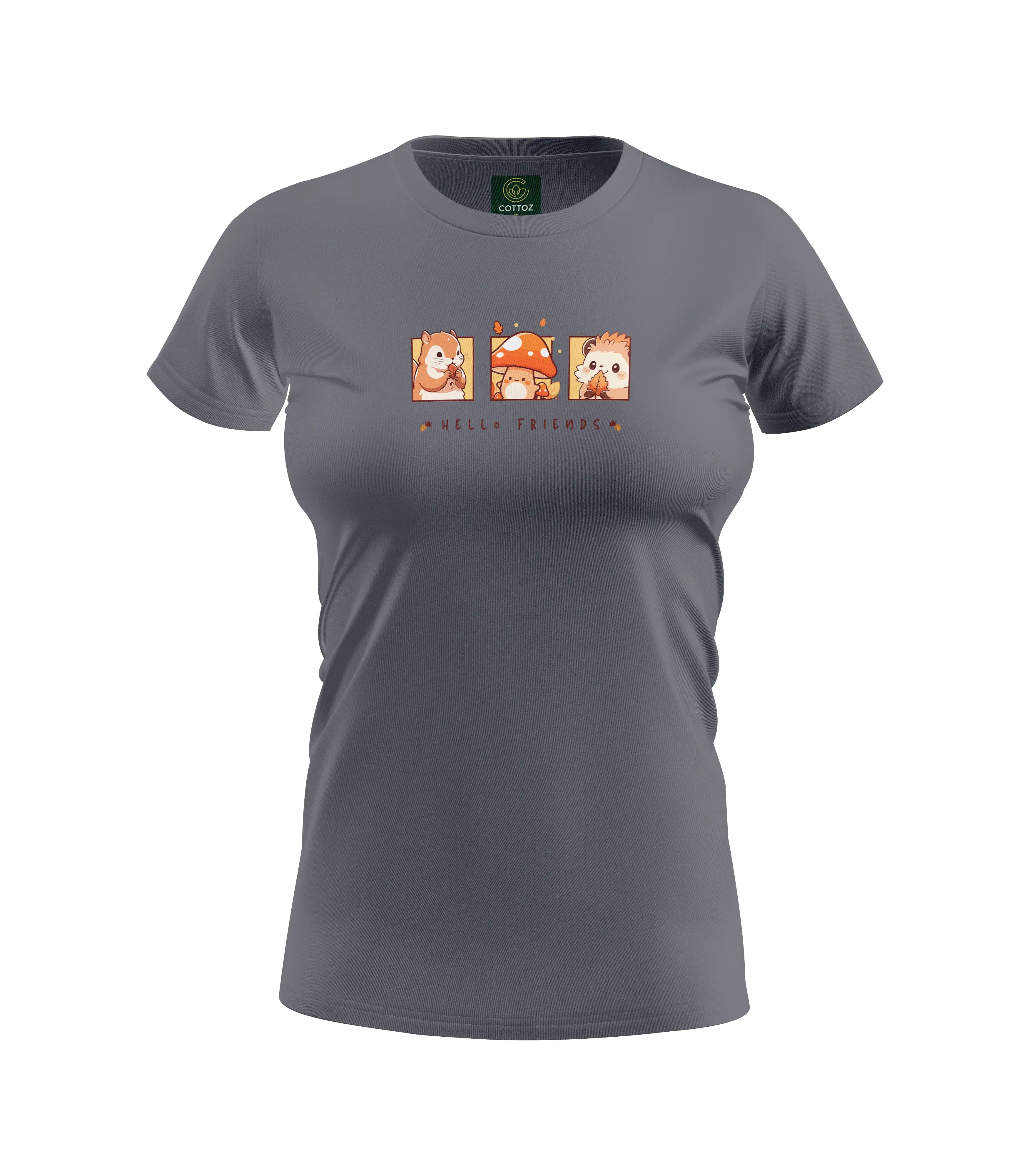 Gray t-shirt with a graphic design on a white background