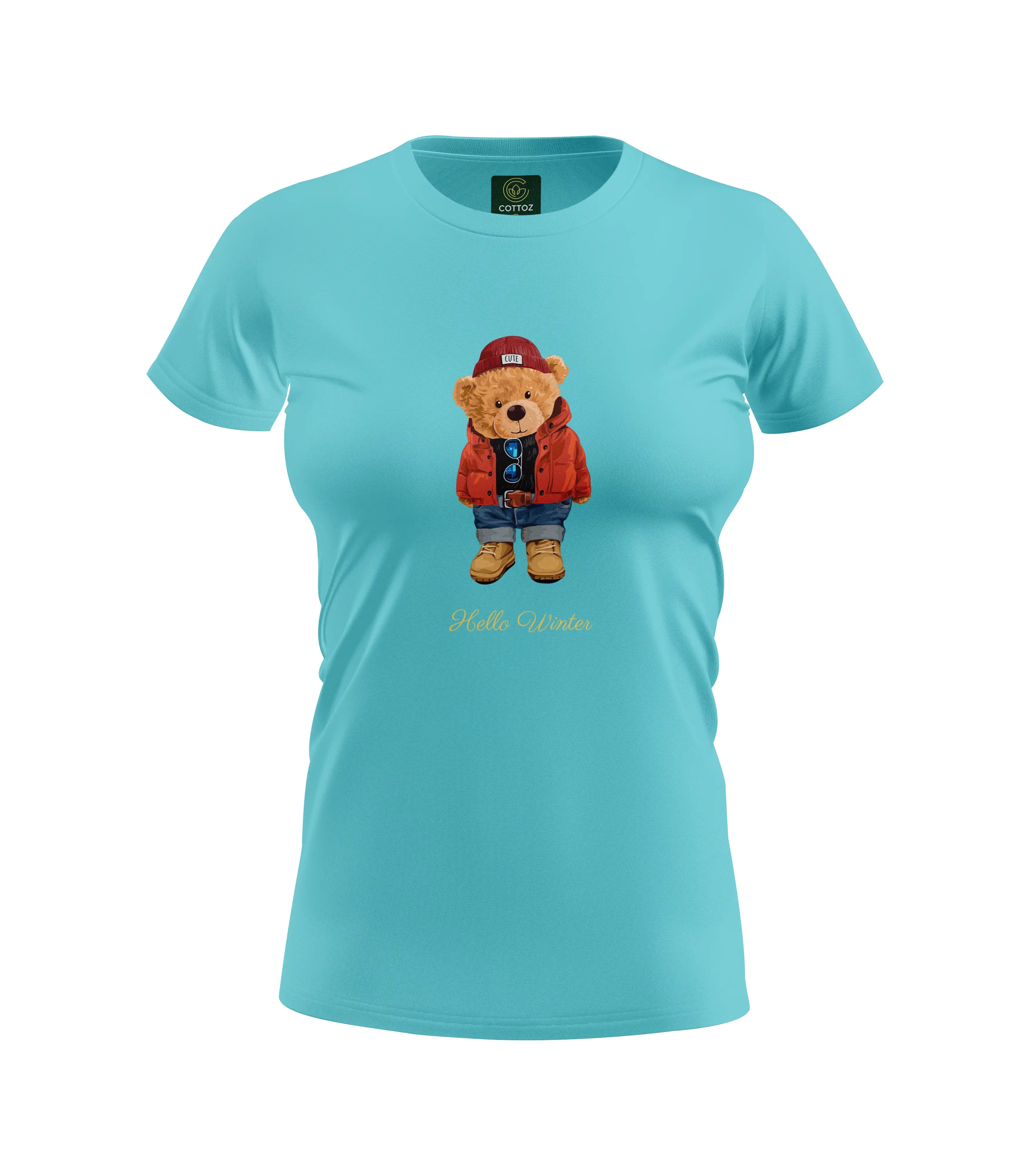 Light blue t-shirt with a teddy bear graphic and text on a white background