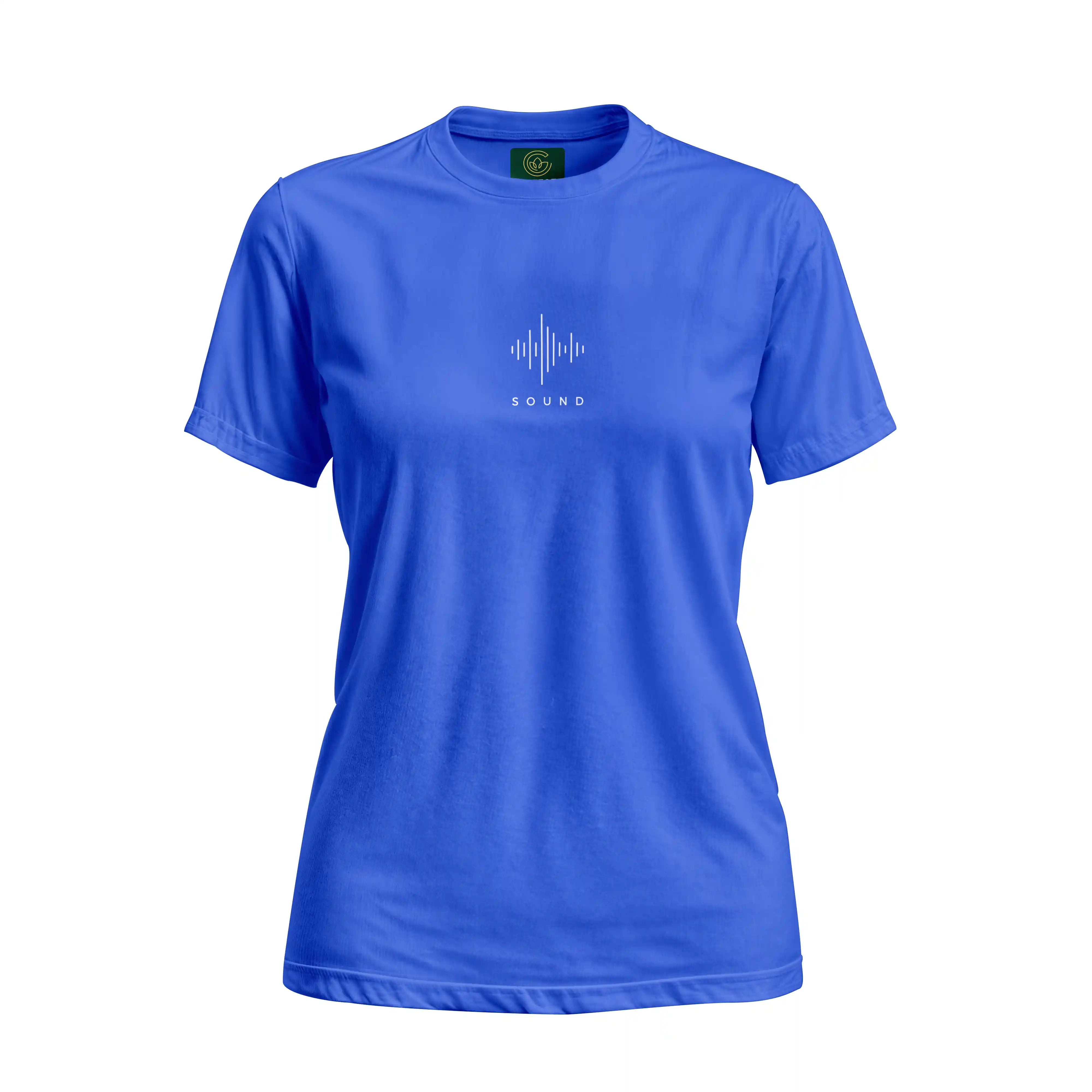 Blue t-shirt with a white graphic and text on a white background
