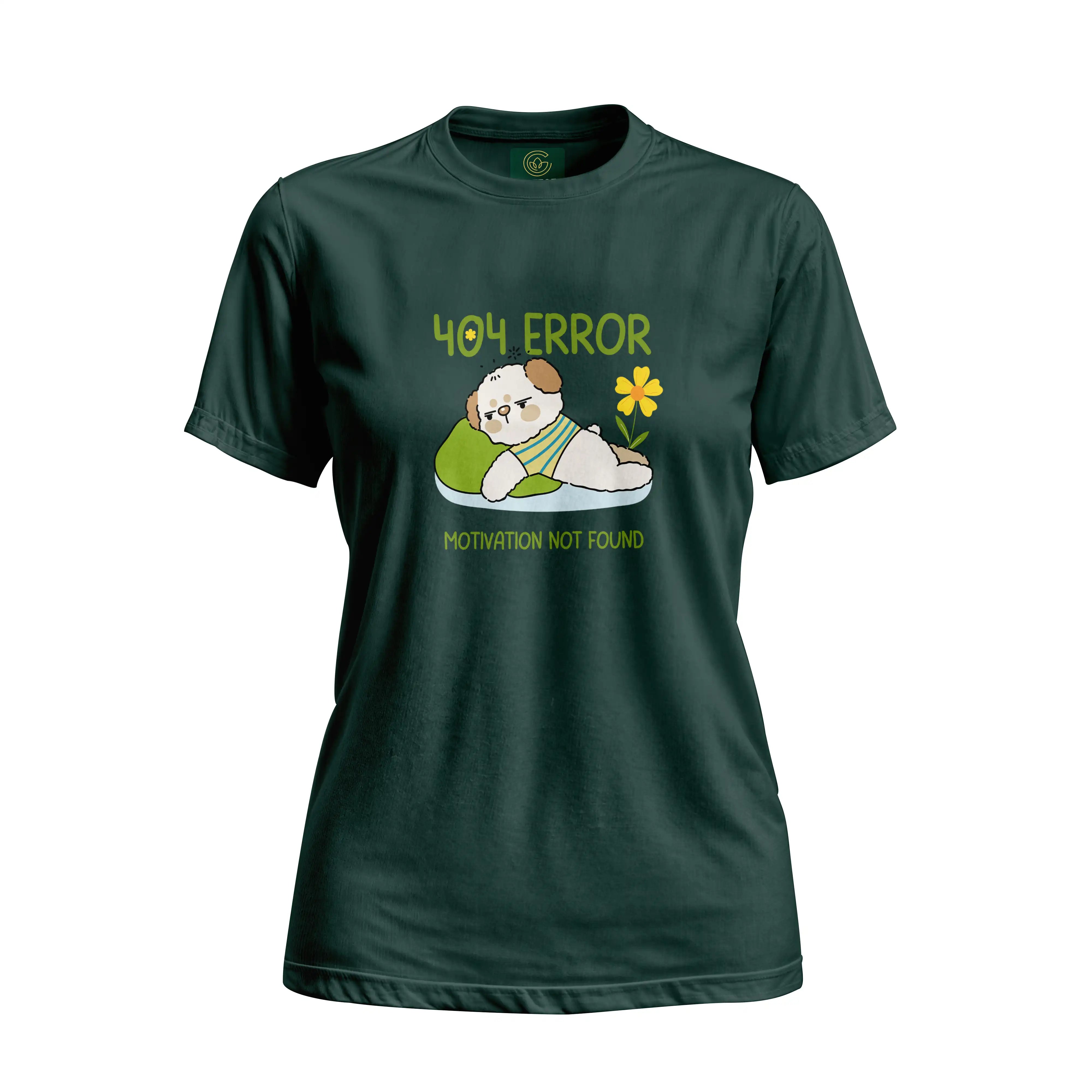 Green t-shirt with a cartoon dog and text on a white background